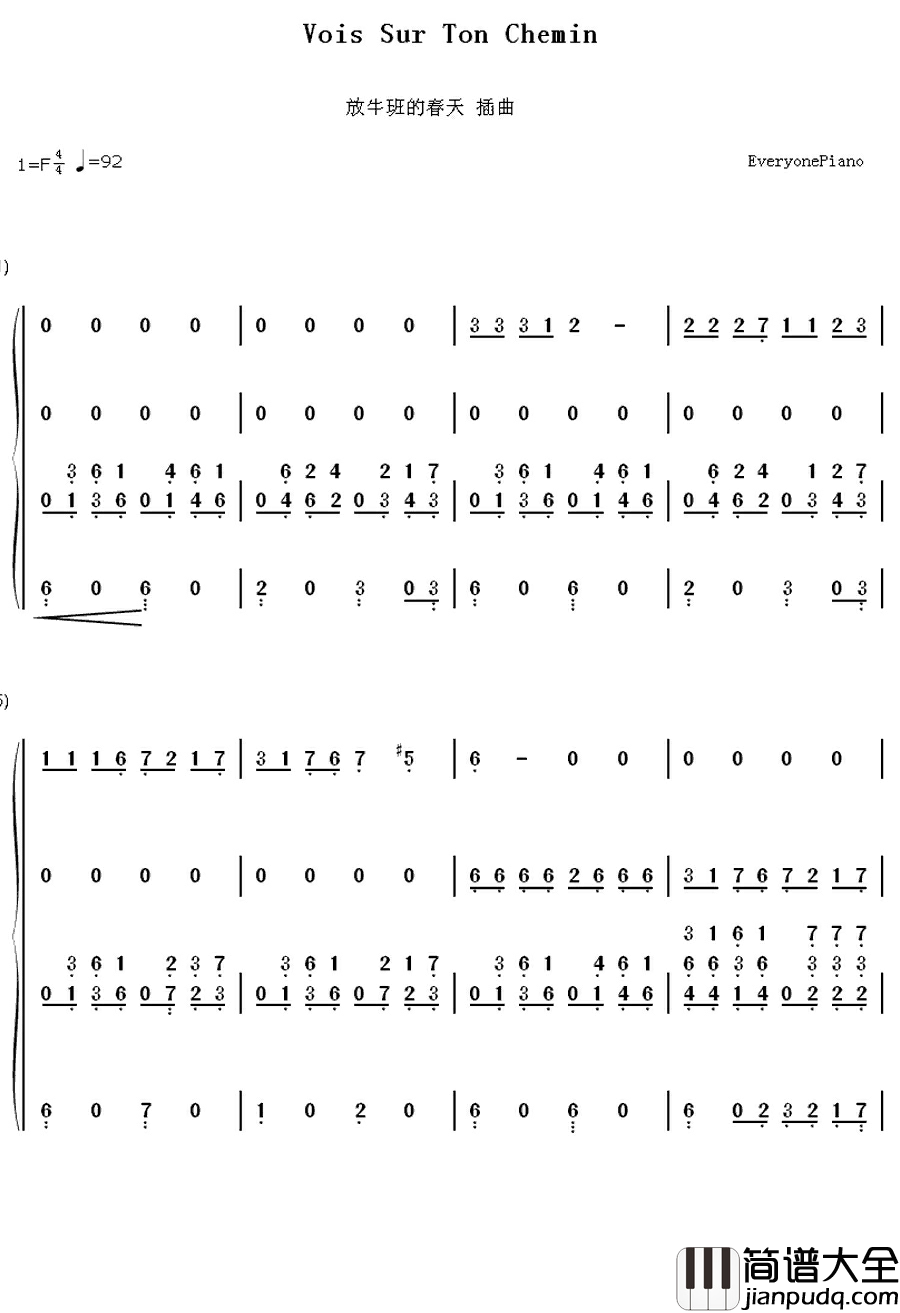 Vois_Sur_Ton_Chemin钢琴简谱_数字双手_Bruno_Coulais_&_Christophe_Barratier