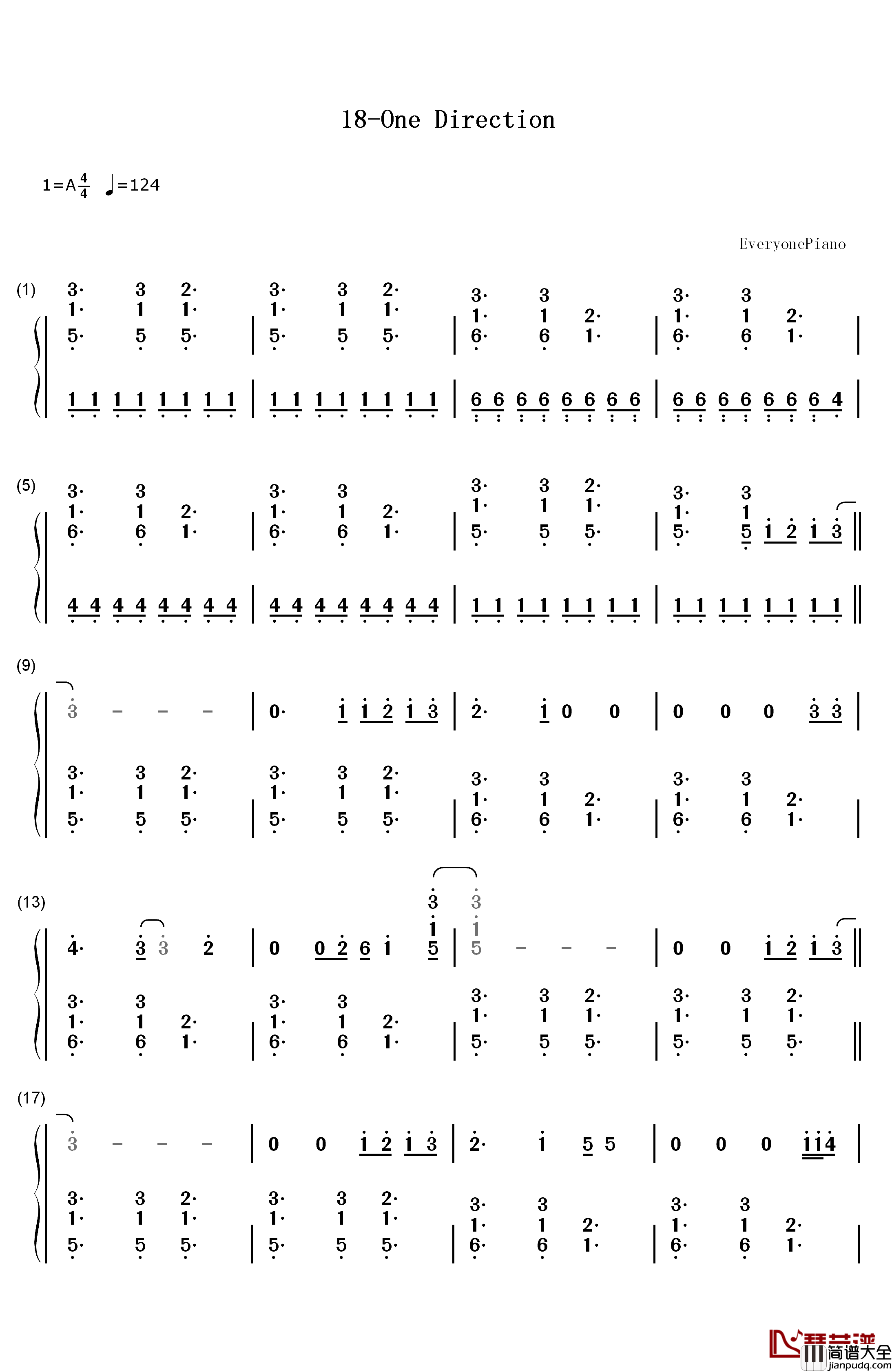 18钢琴简谱_数字双手_One_Direction