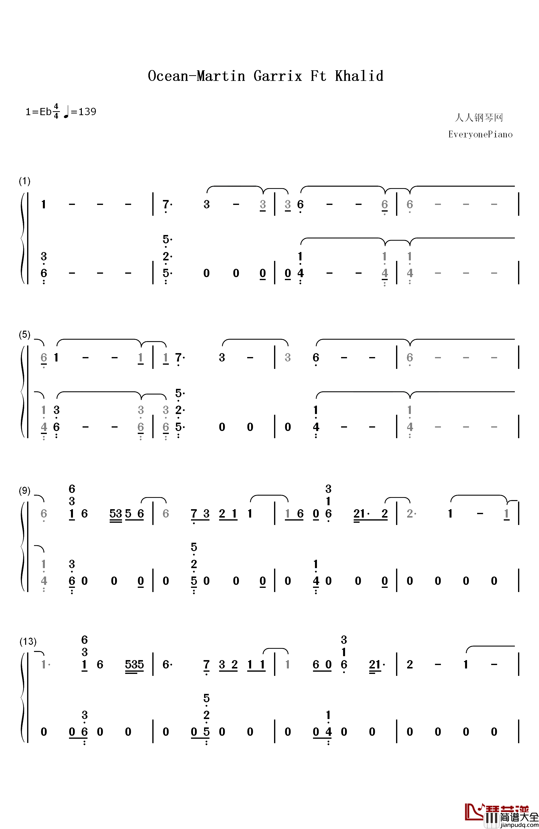 Ocean钢琴简谱_数字双手_Martin_Garrix_Khalid