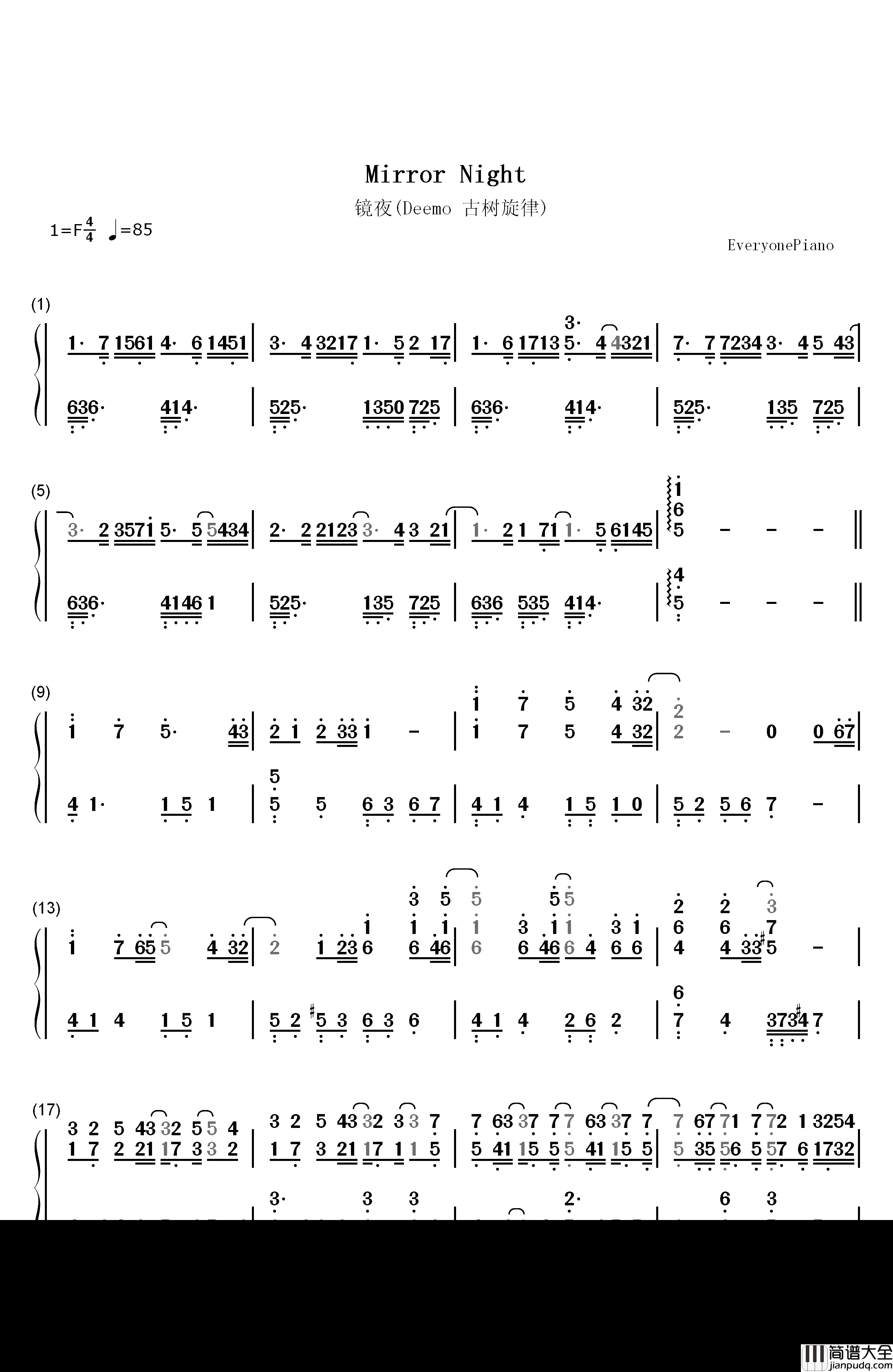 Reflection_Mirror_Night钢琴简谱_数字双手_V.K克