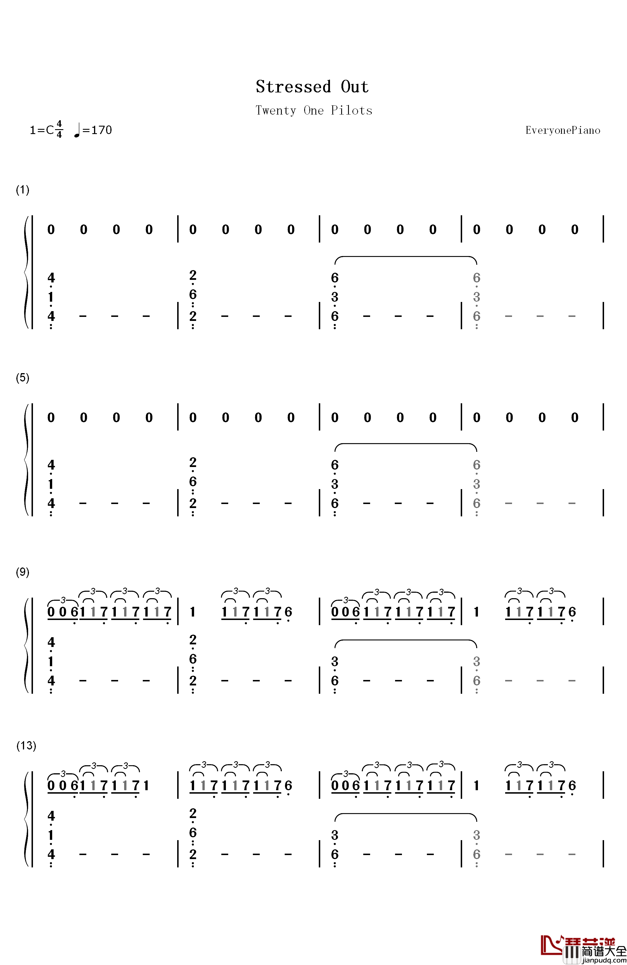 Stressed_Out钢琴简谱_数字双手_Twenty_One_Pilots
