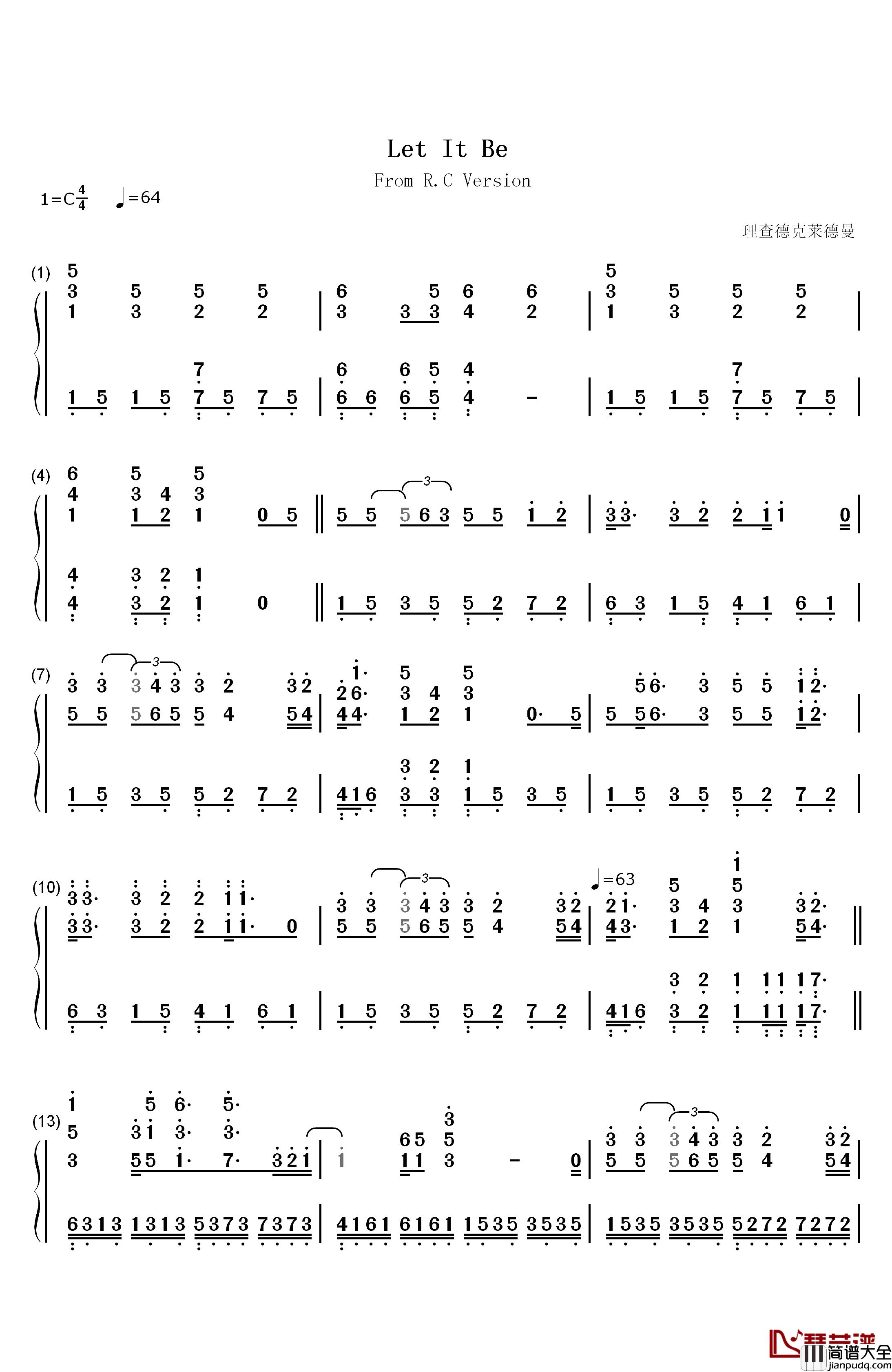 Let_It_Be钢琴简谱_数字双手_理查德克莱德曼