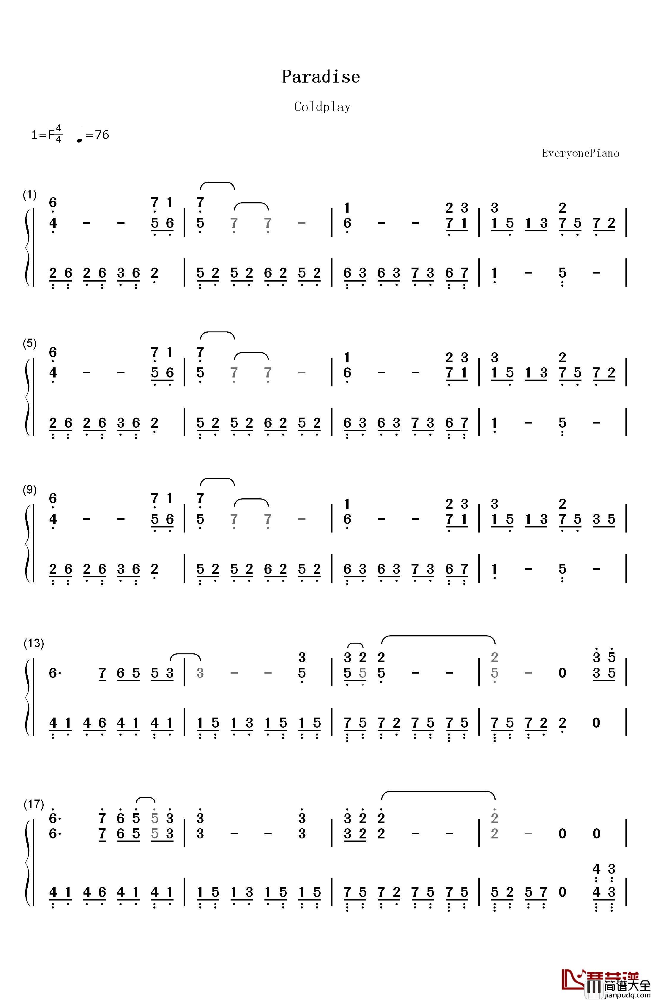 Paradise钢琴简谱_数字双手_Coldplay