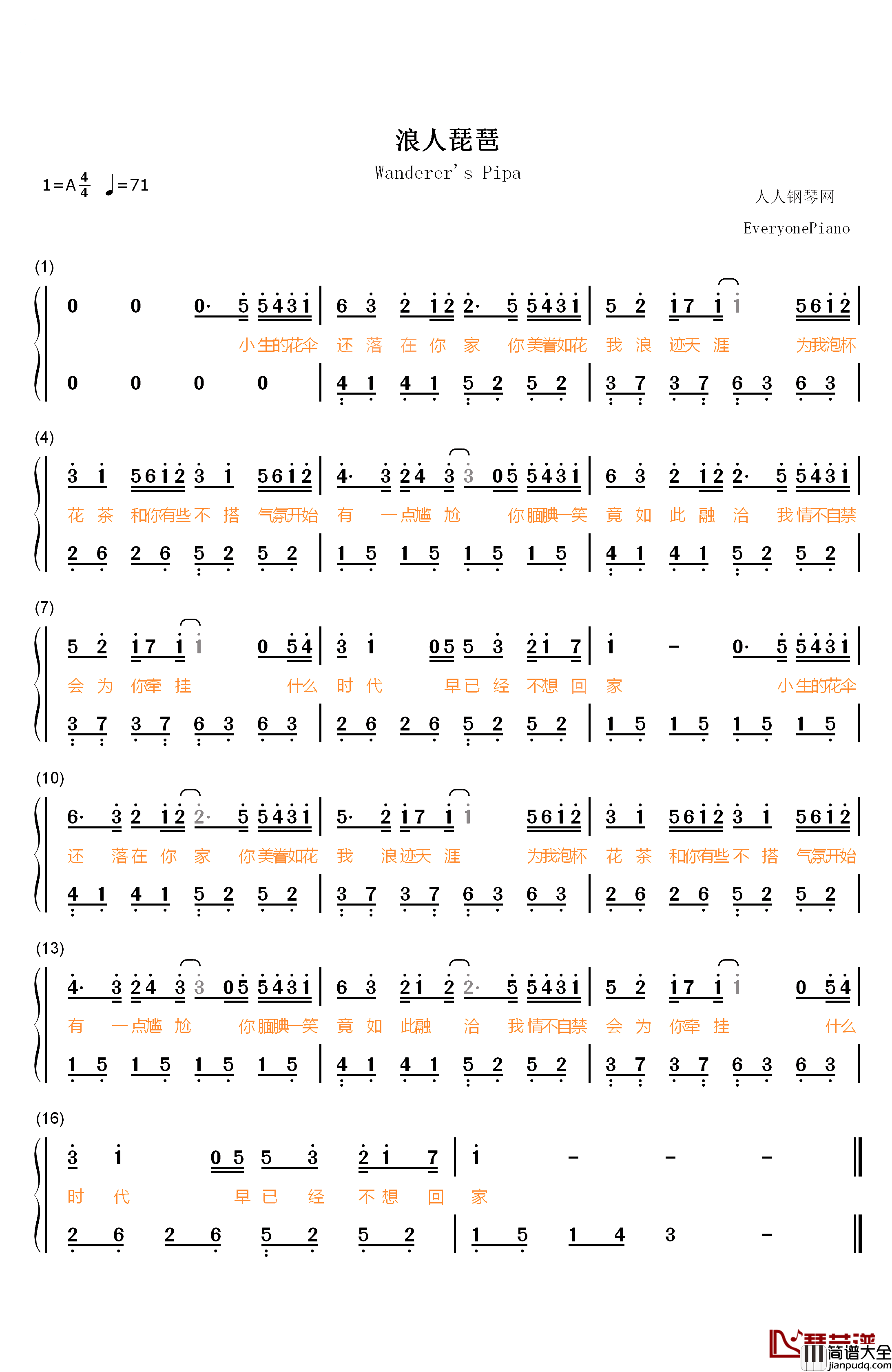 浪人琵琶钢琴简谱_数字双手_摩登兄弟