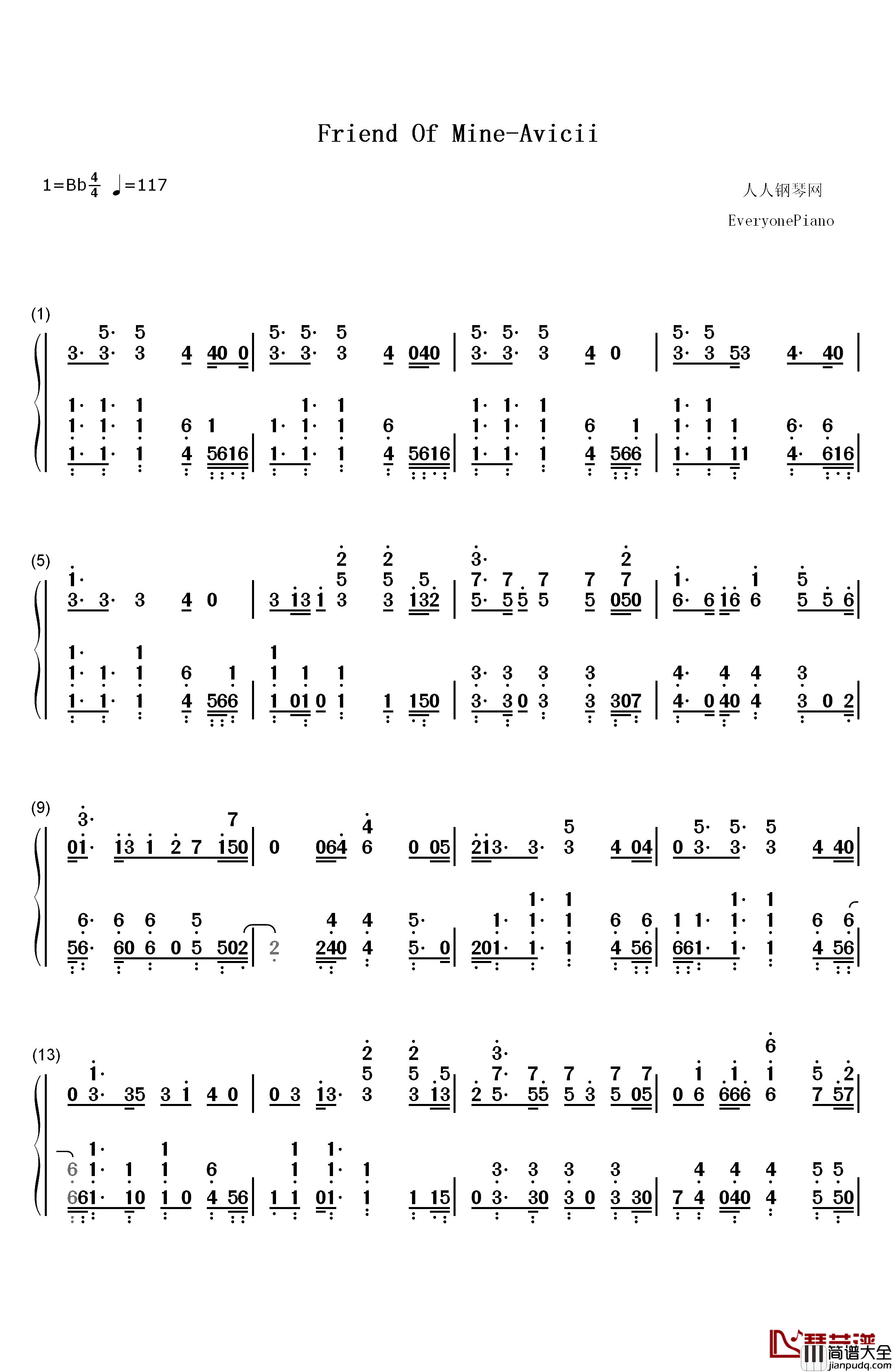 Friend_Of_Mine钢琴简谱_数字双手_Avicii