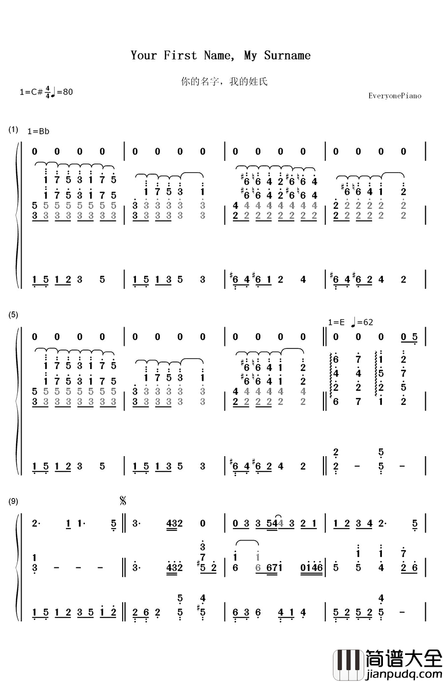 你的名字我的姓氏钢琴简谱_数字双手_张学友