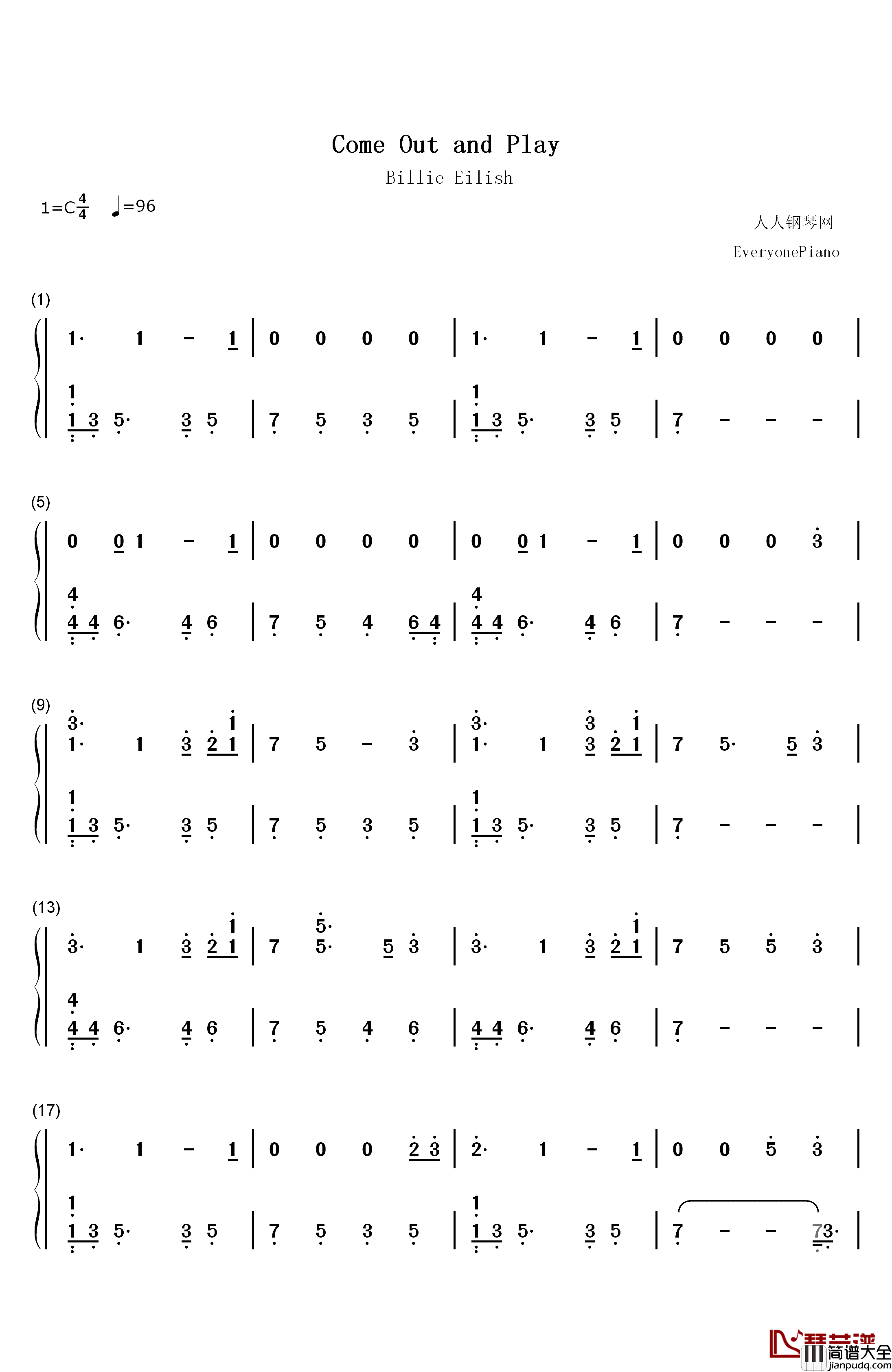 Come_Out_and_Play钢琴简谱_数字双手_Billie_Eilish