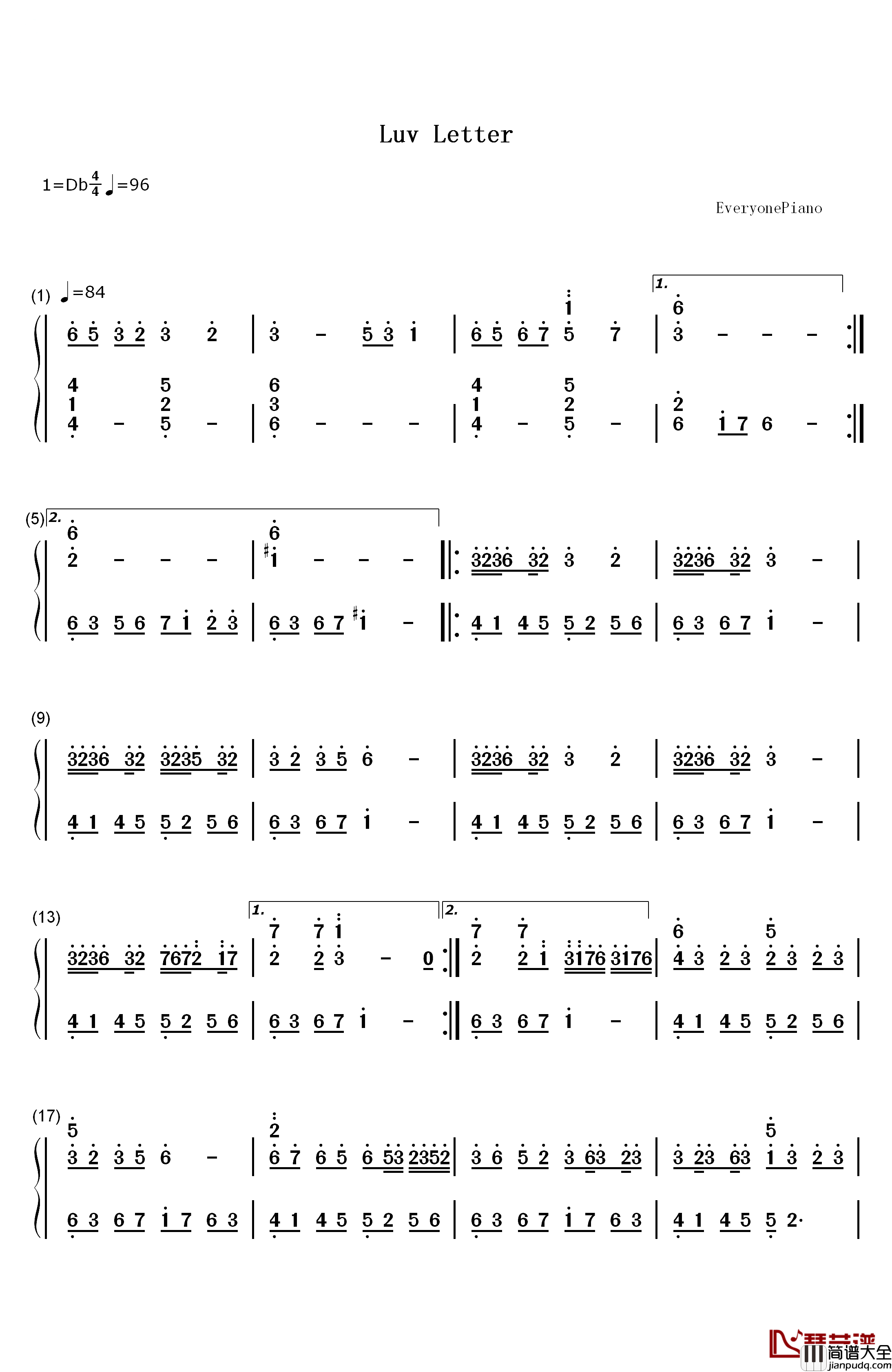 情书钢琴简谱_数字双手_Okawari