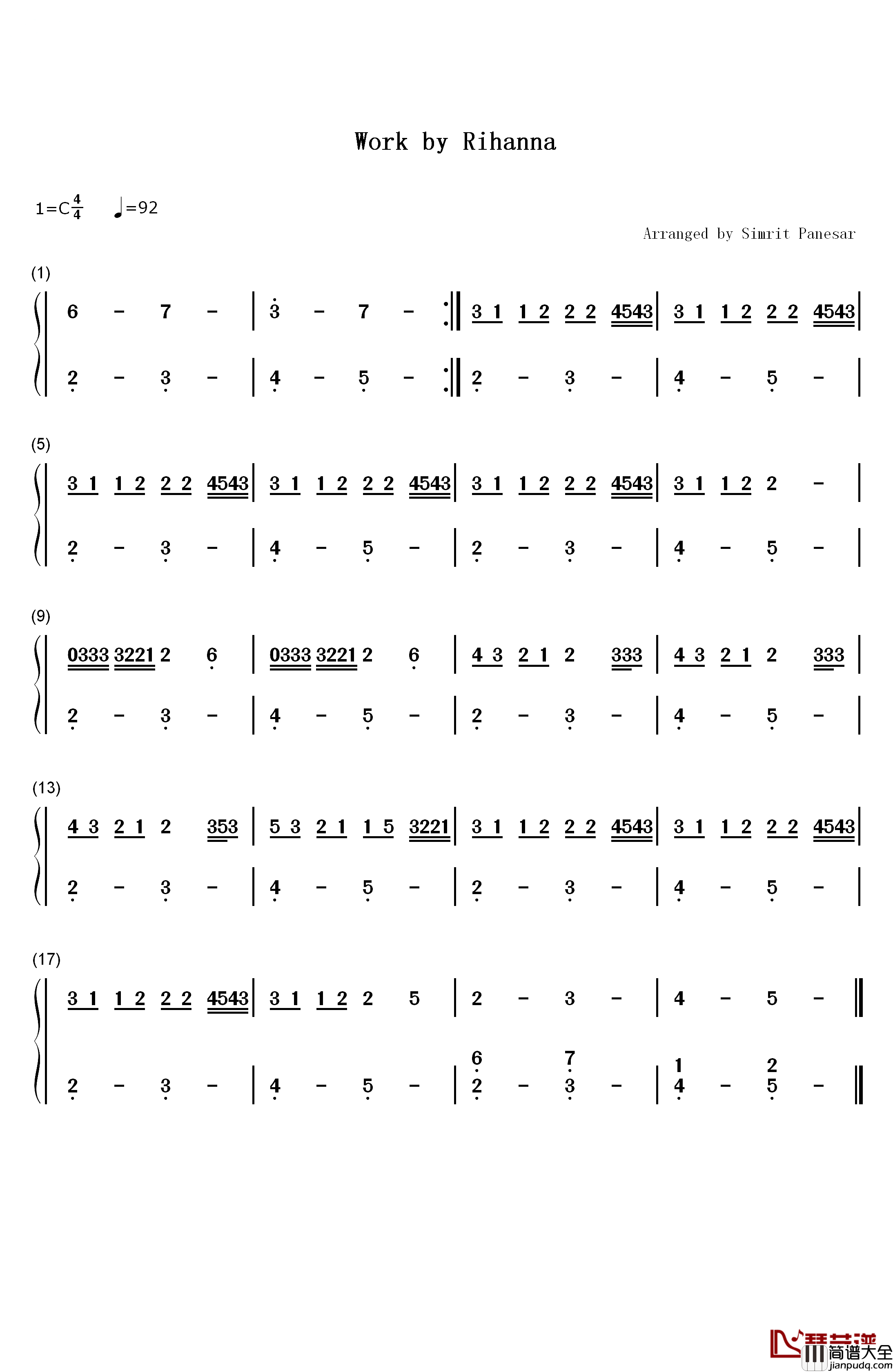 Work简单版钢琴简谱_数字双手_Rihanna