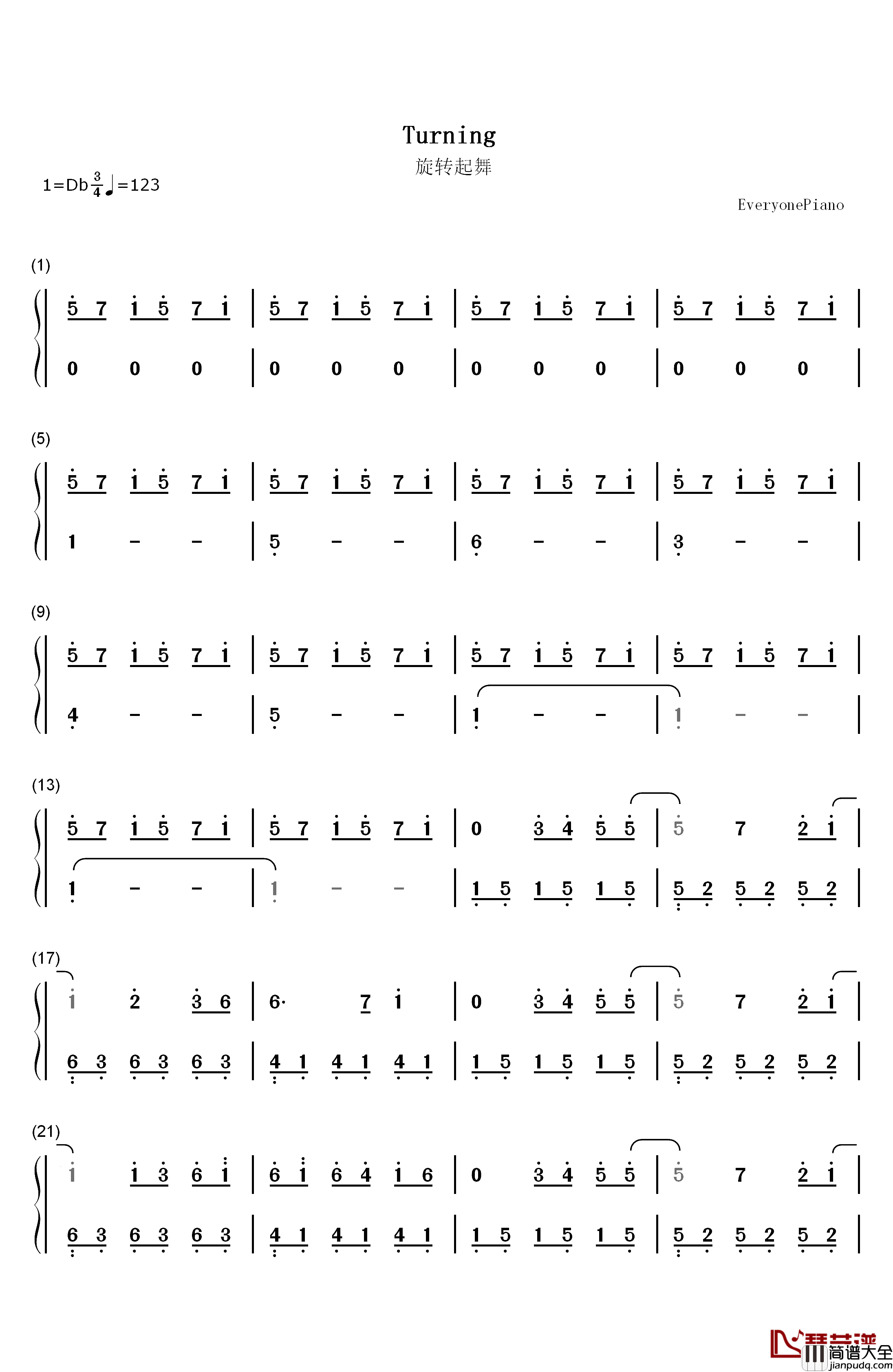 Turning钢琴简谱_数字双手_班得瑞