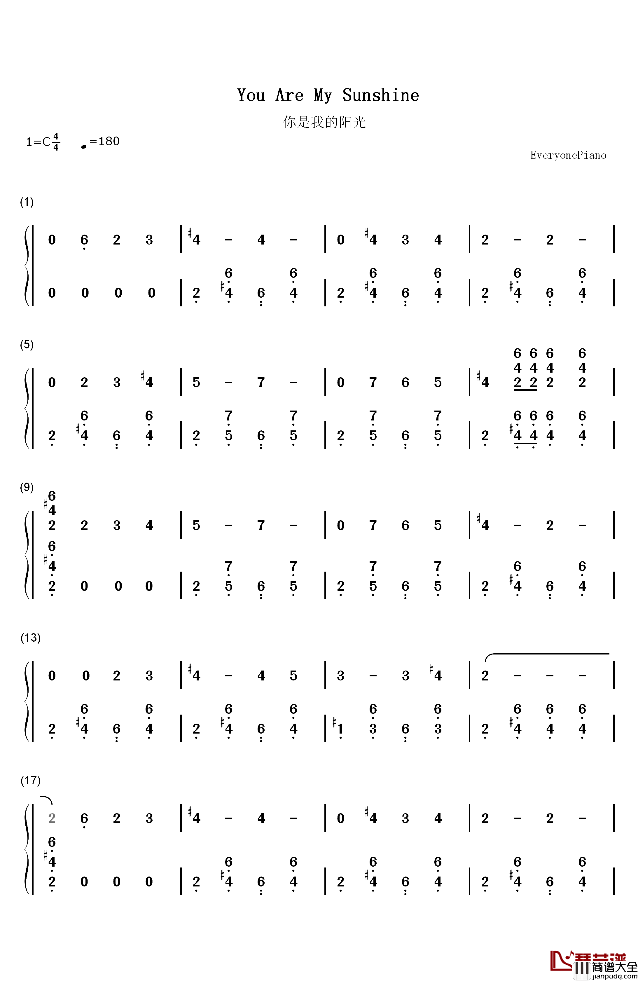 You_Are_My_Sunshine钢琴简谱_数字双手_Jimmie_Davis