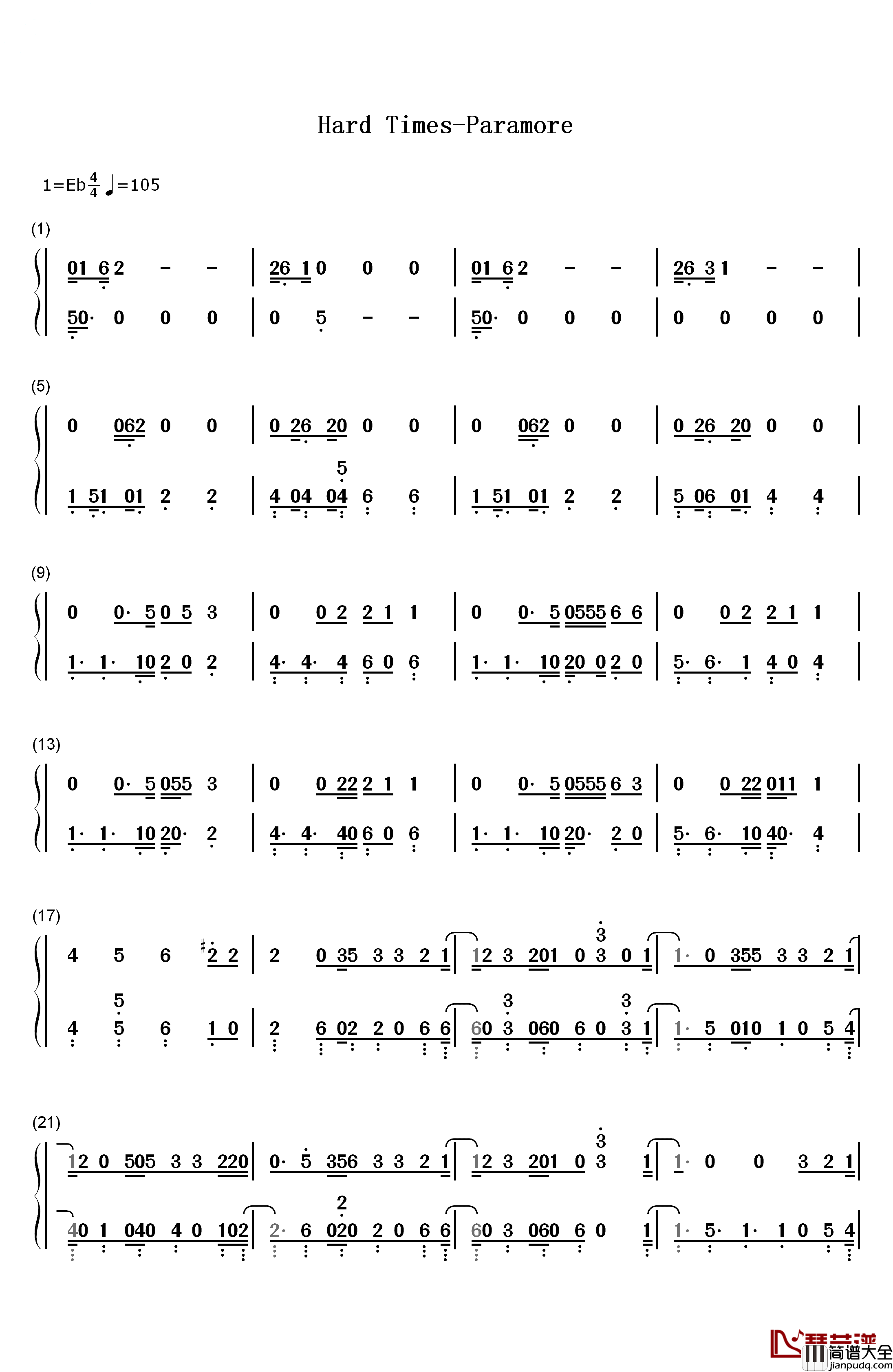 Hard_Times钢琴简谱_数字双手_Paramore