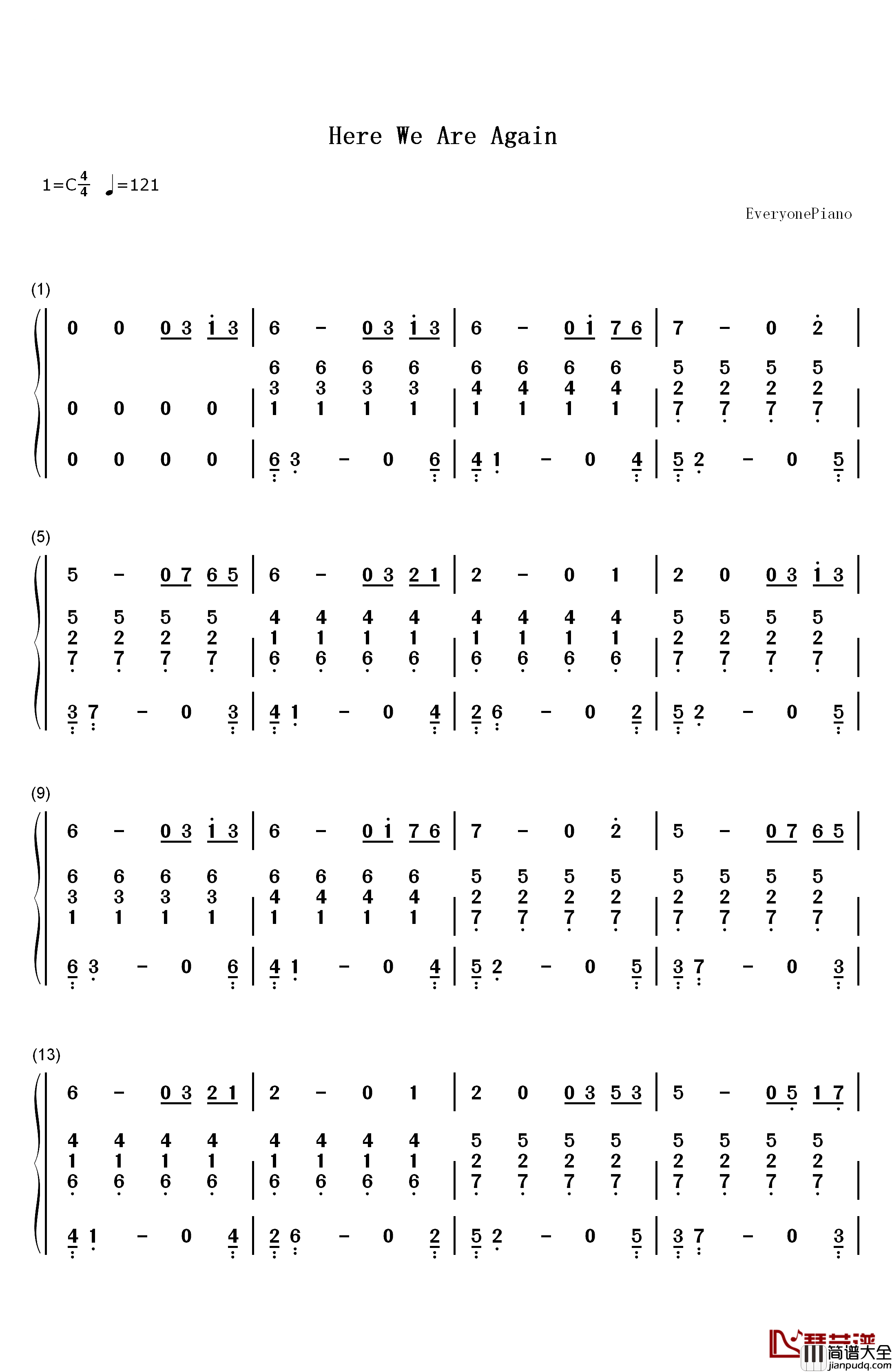 Here_We_Are_Again钢琴简谱_数字双手_CAGNET