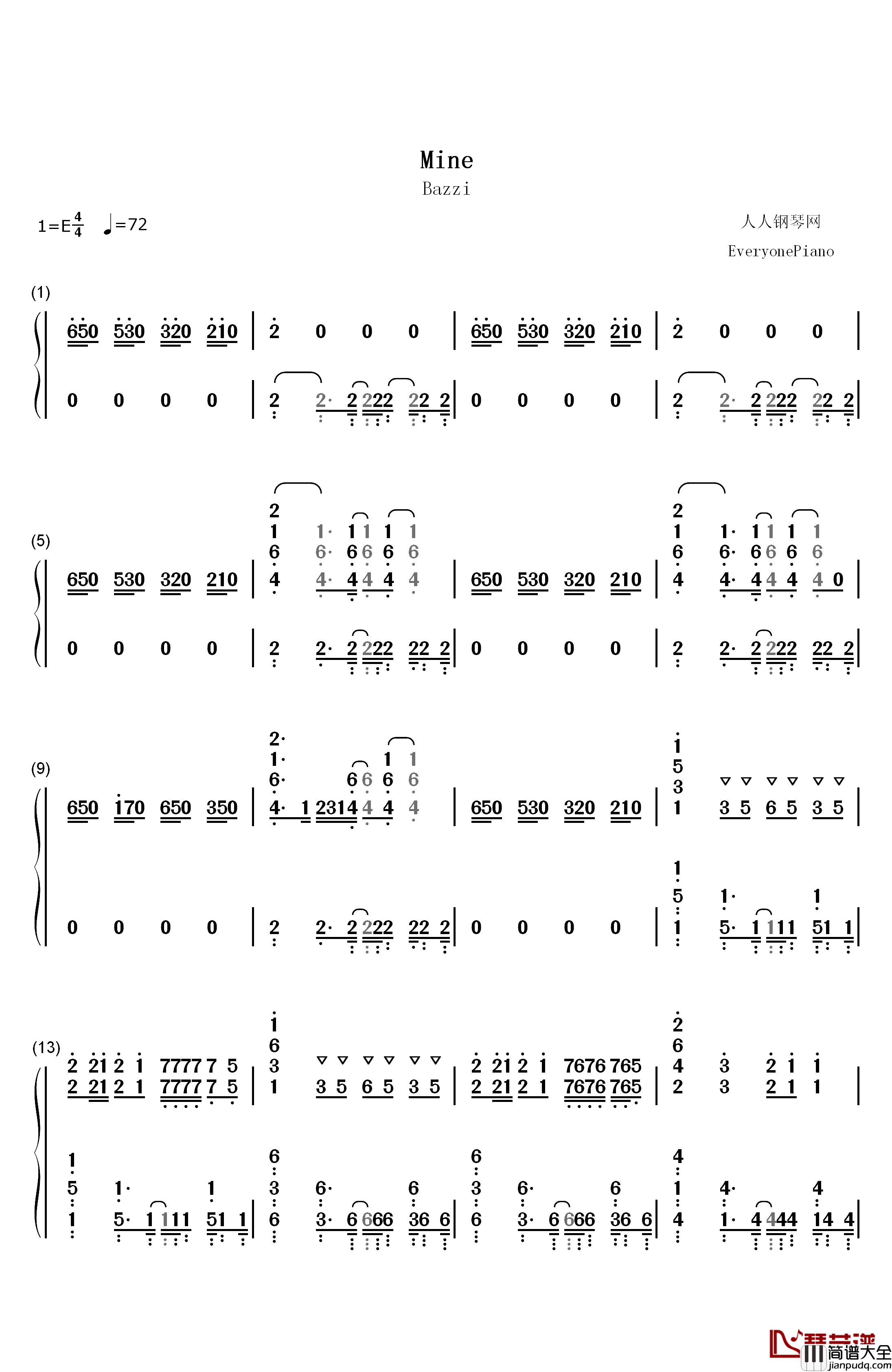 Mine钢琴简谱_数字双手_Bazzi