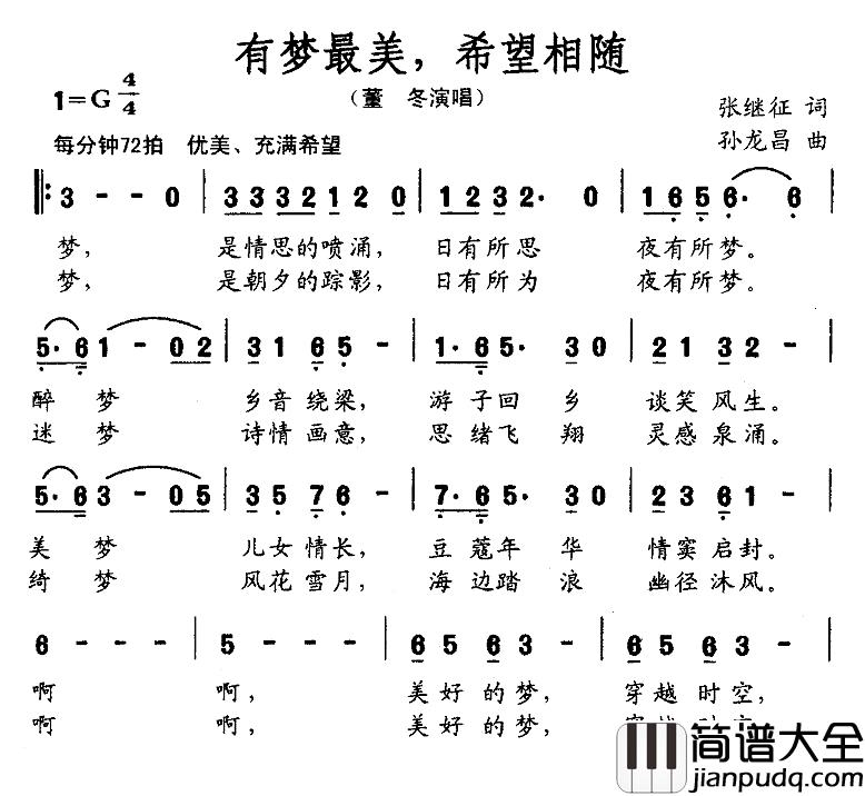 有梦最美，希望相随简谱_张继征词/孙龙昌曲董冬_