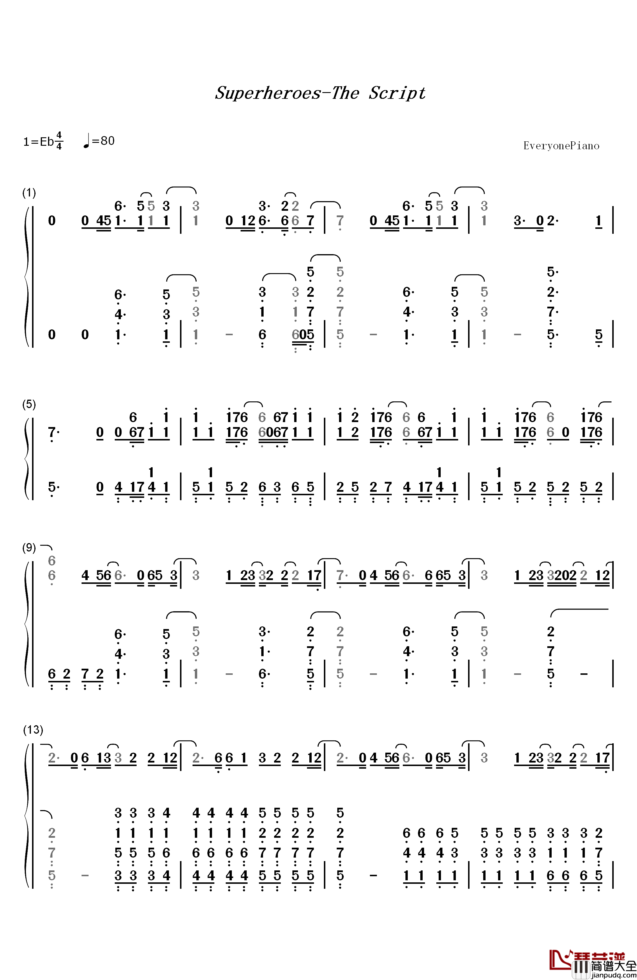 Superheroes钢琴简谱_数字双手_The_Script