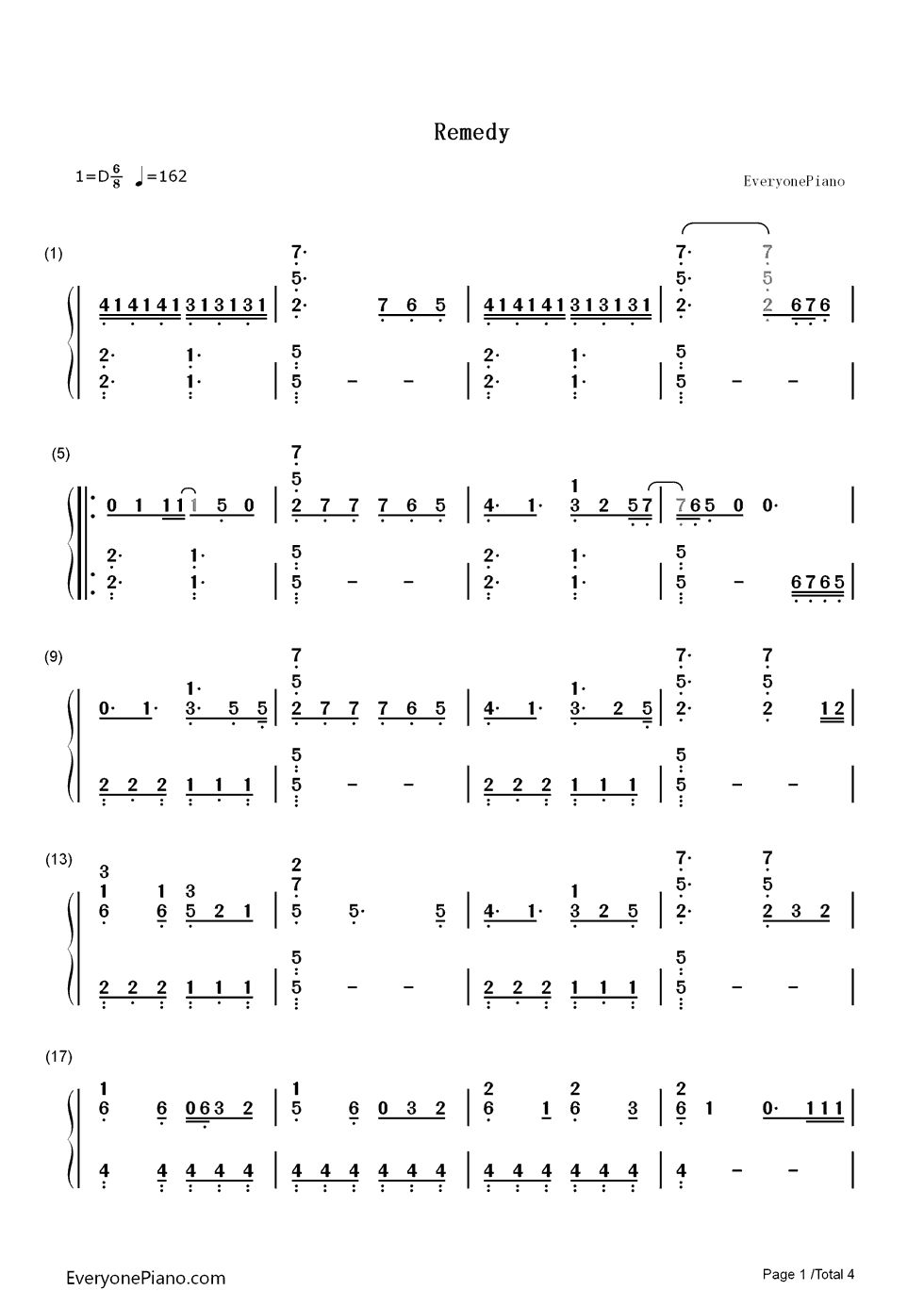 Remedy钢琴简谱_数字双手_Adele