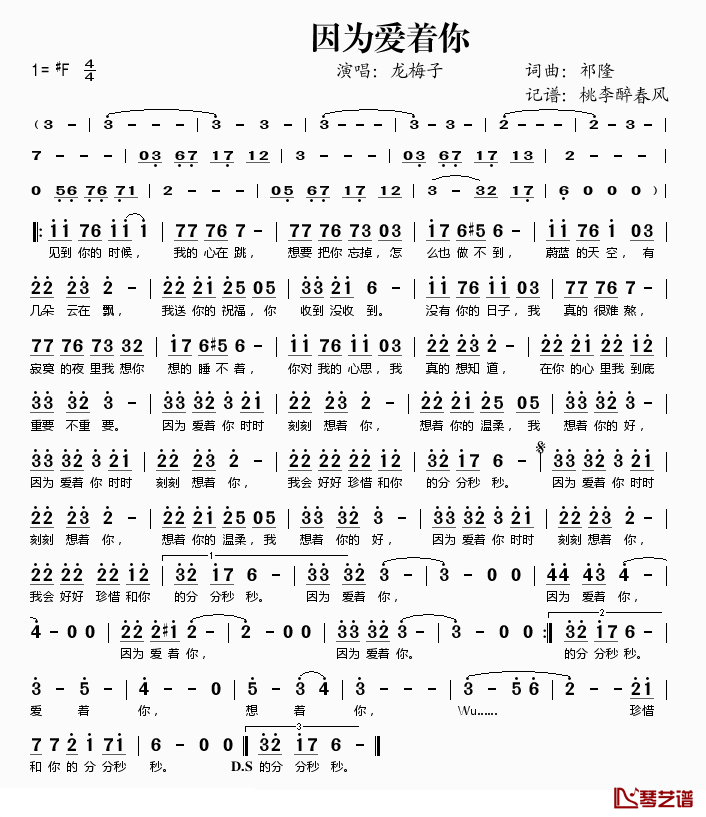 因为爱着你简谱(歌词)_龙梅子演唱_桃李醉春风记谱