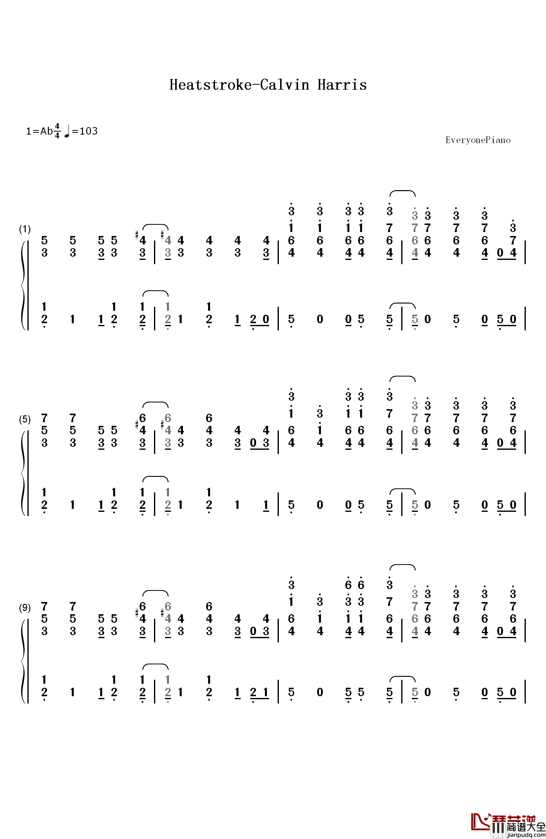 Heatstroke钢琴简谱_数字双手_Calvin_Harris