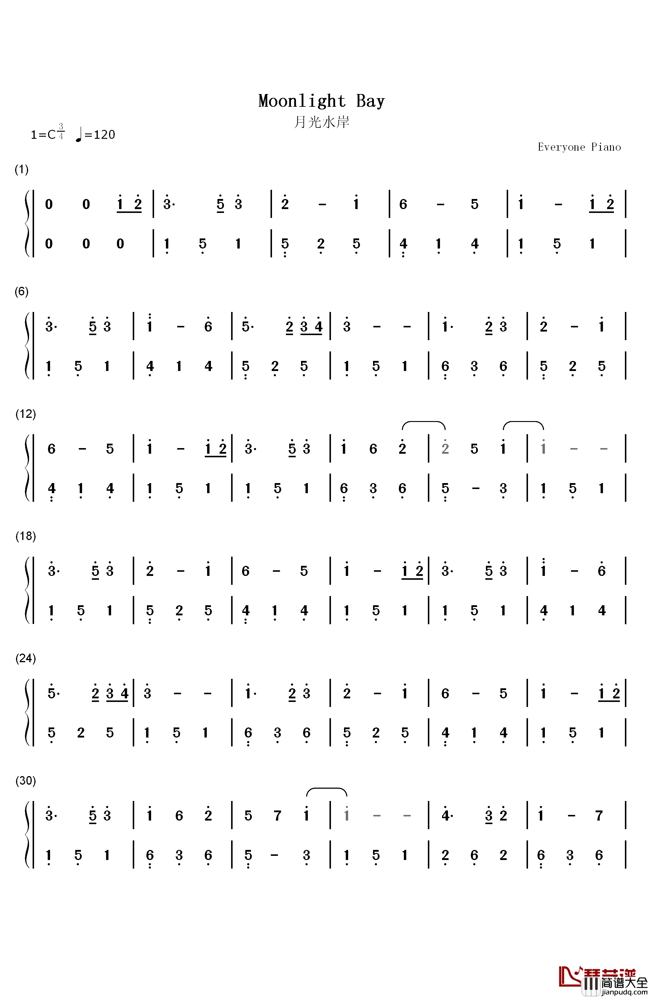 月光水岸钢琴简谱_数字双手_班得瑞