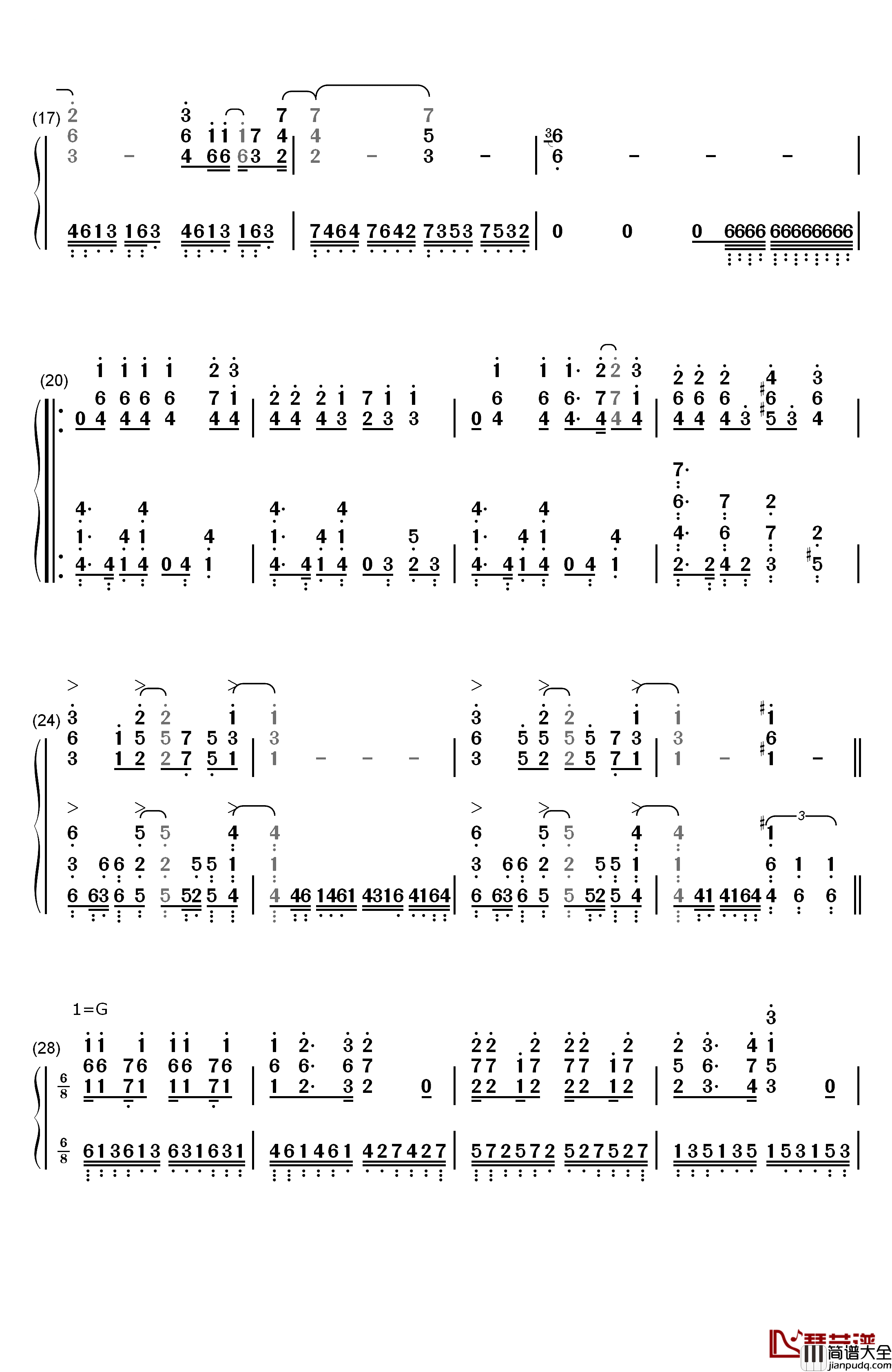 Here钢琴简谱_数字双手_JUNNA