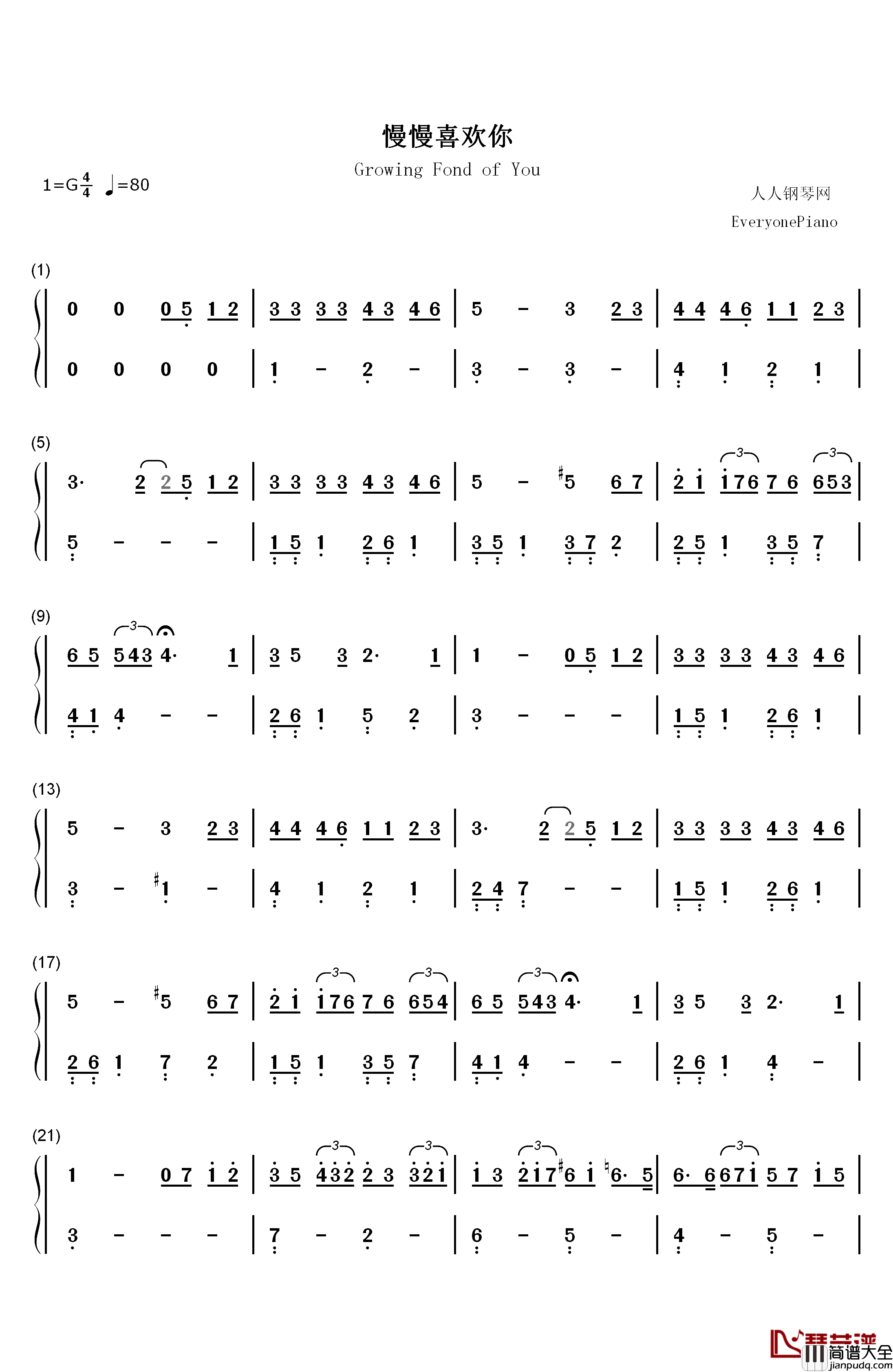 慢慢喜欢你钢琴简谱_数字双手_莫文蔚