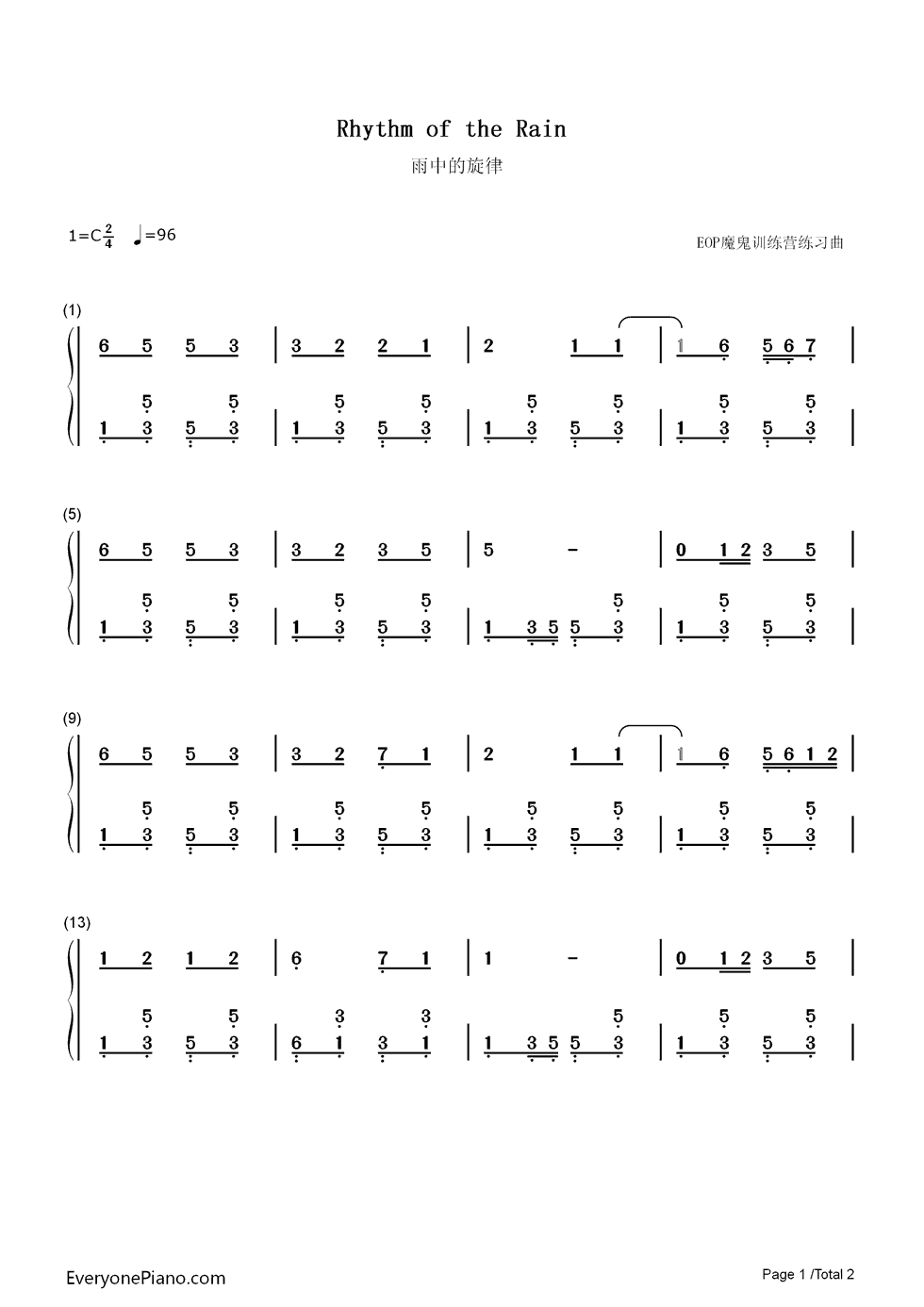 Rhythm_of_the_Rain钢琴简谱_数字双手_The_Cascades（瀑布合唱团）