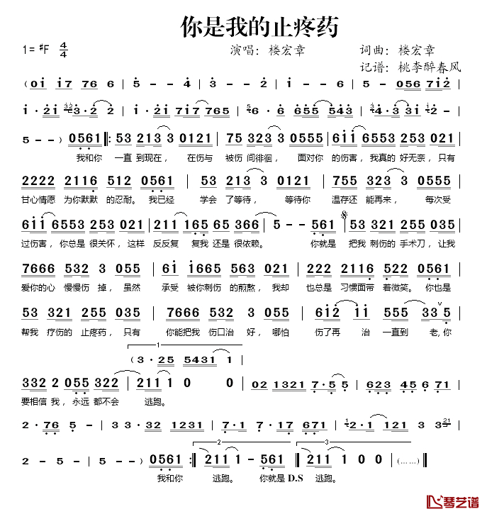 你是我的止疼药简谱(歌词)_楼宏章演唱_桃李醉春风_记谱上传