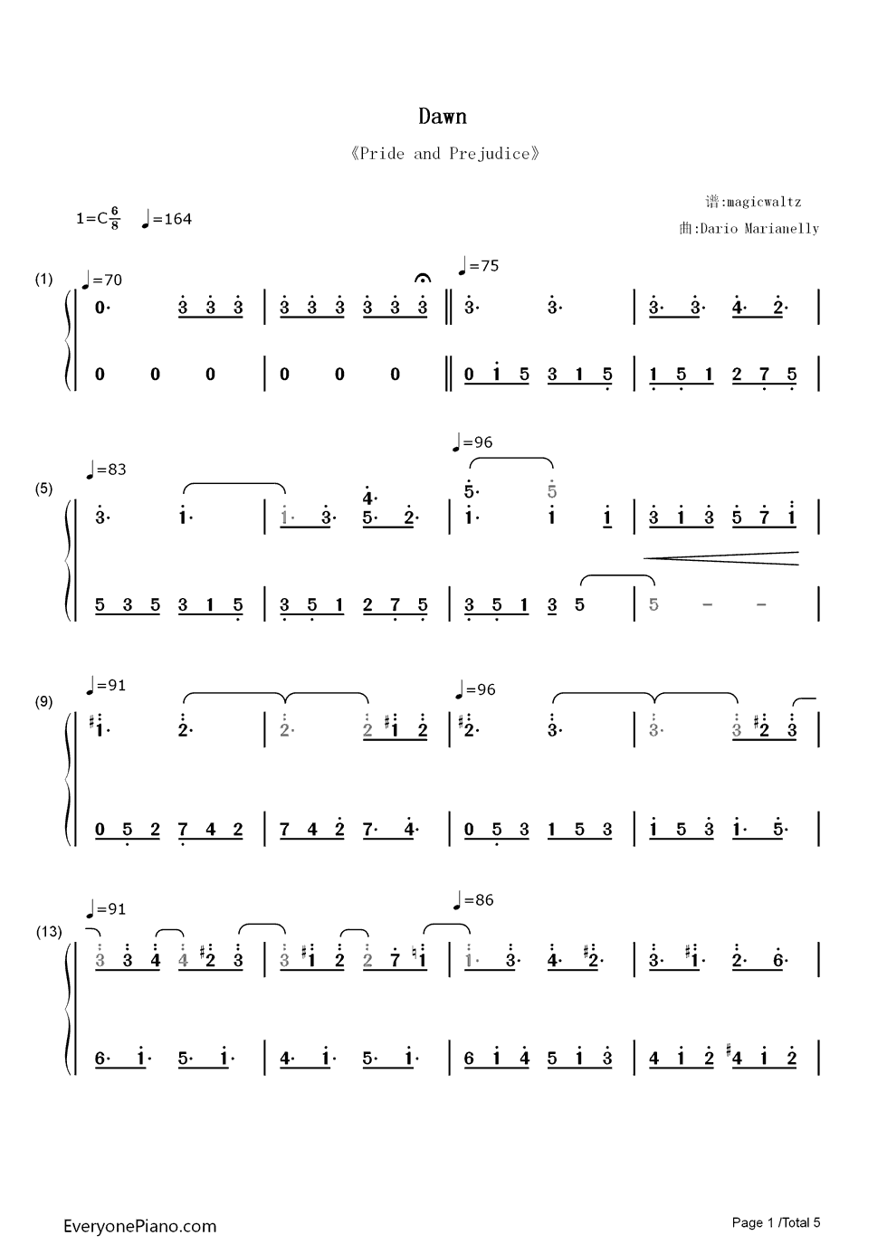 Dawn钢琴简谱_数字双手_Dario_Marianelli