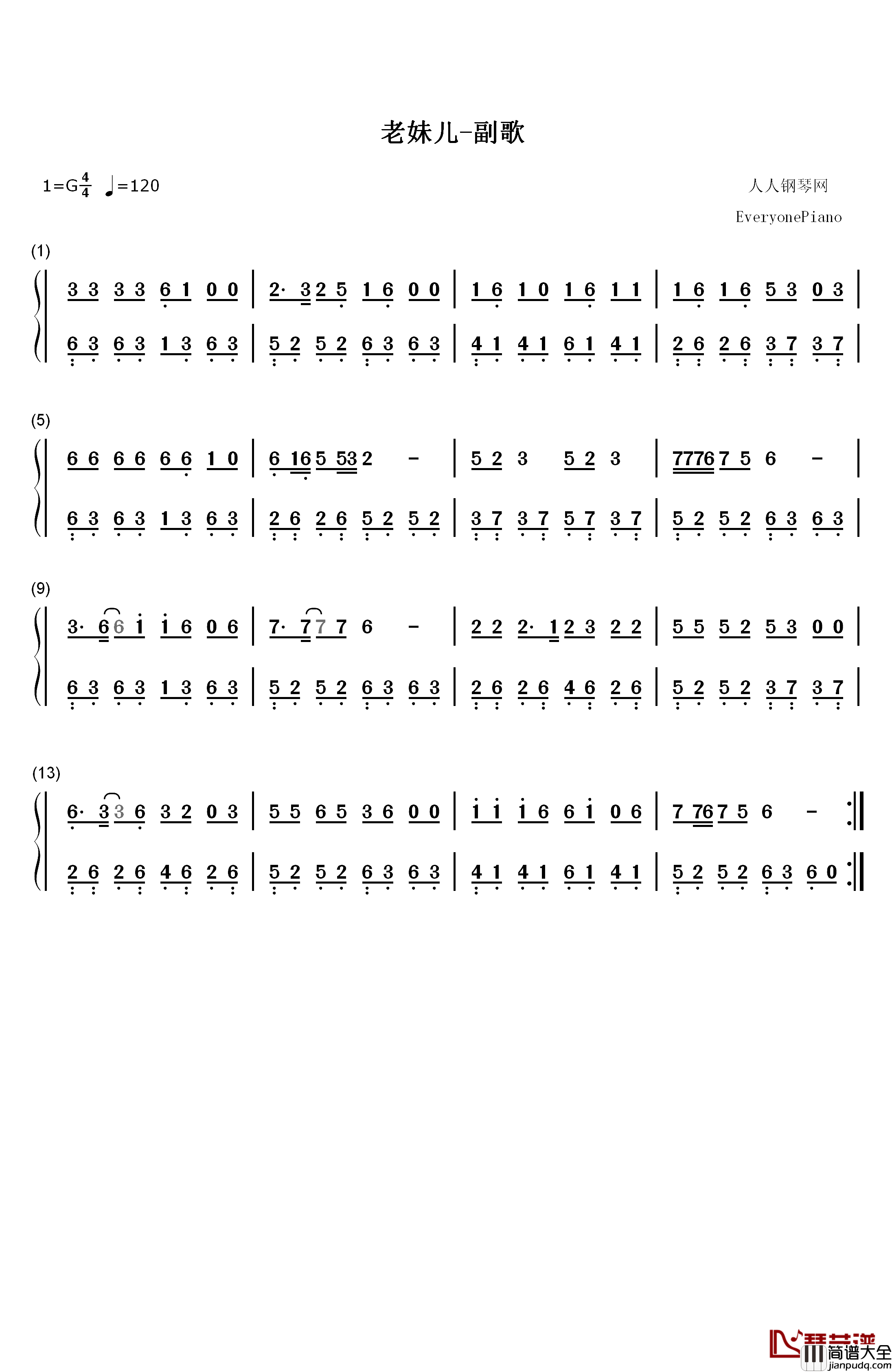 老妹儿钢琴简谱_数字双手_柯羽