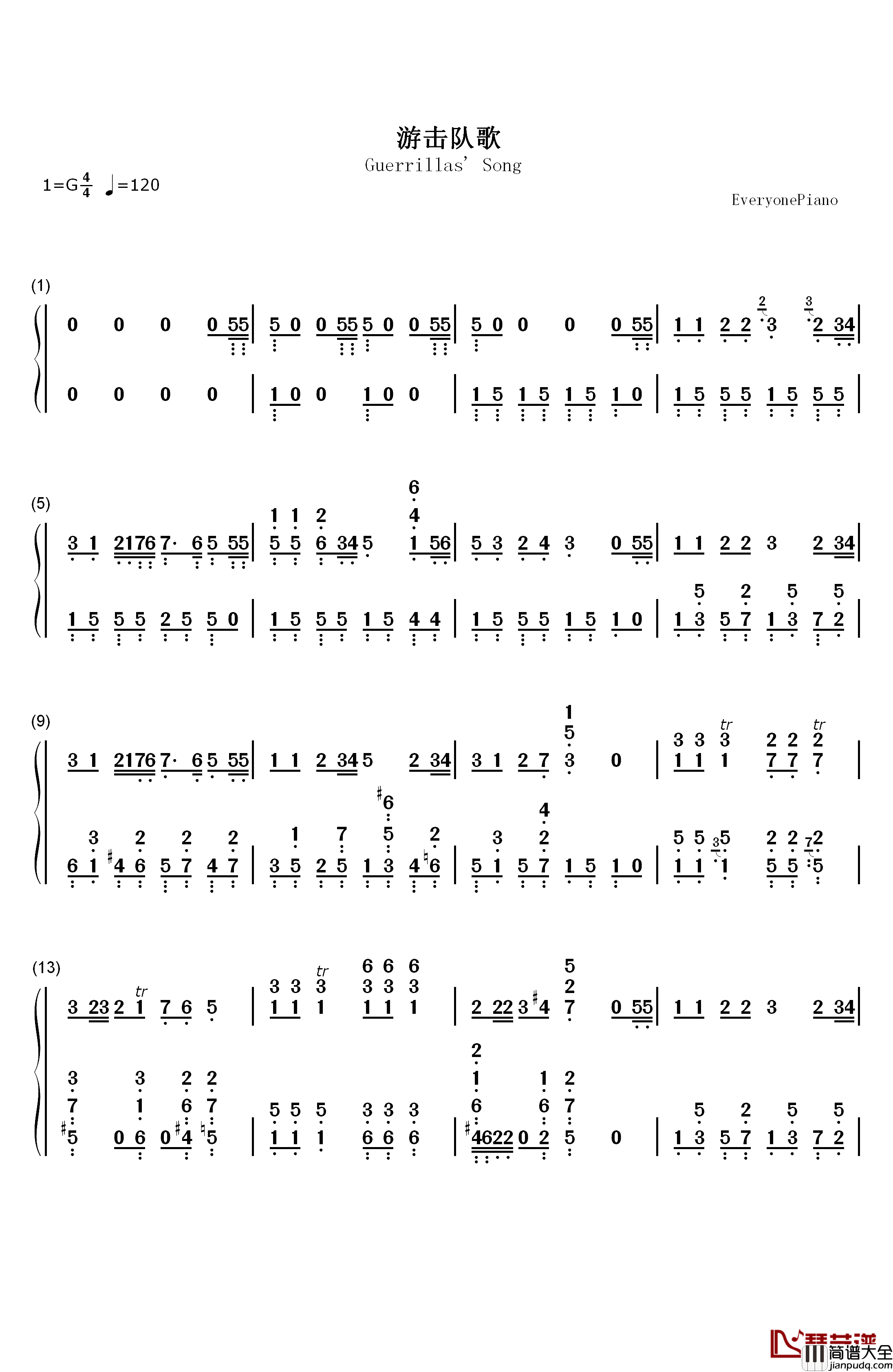 游击队歌钢琴简谱_数字双手_贺绿汀