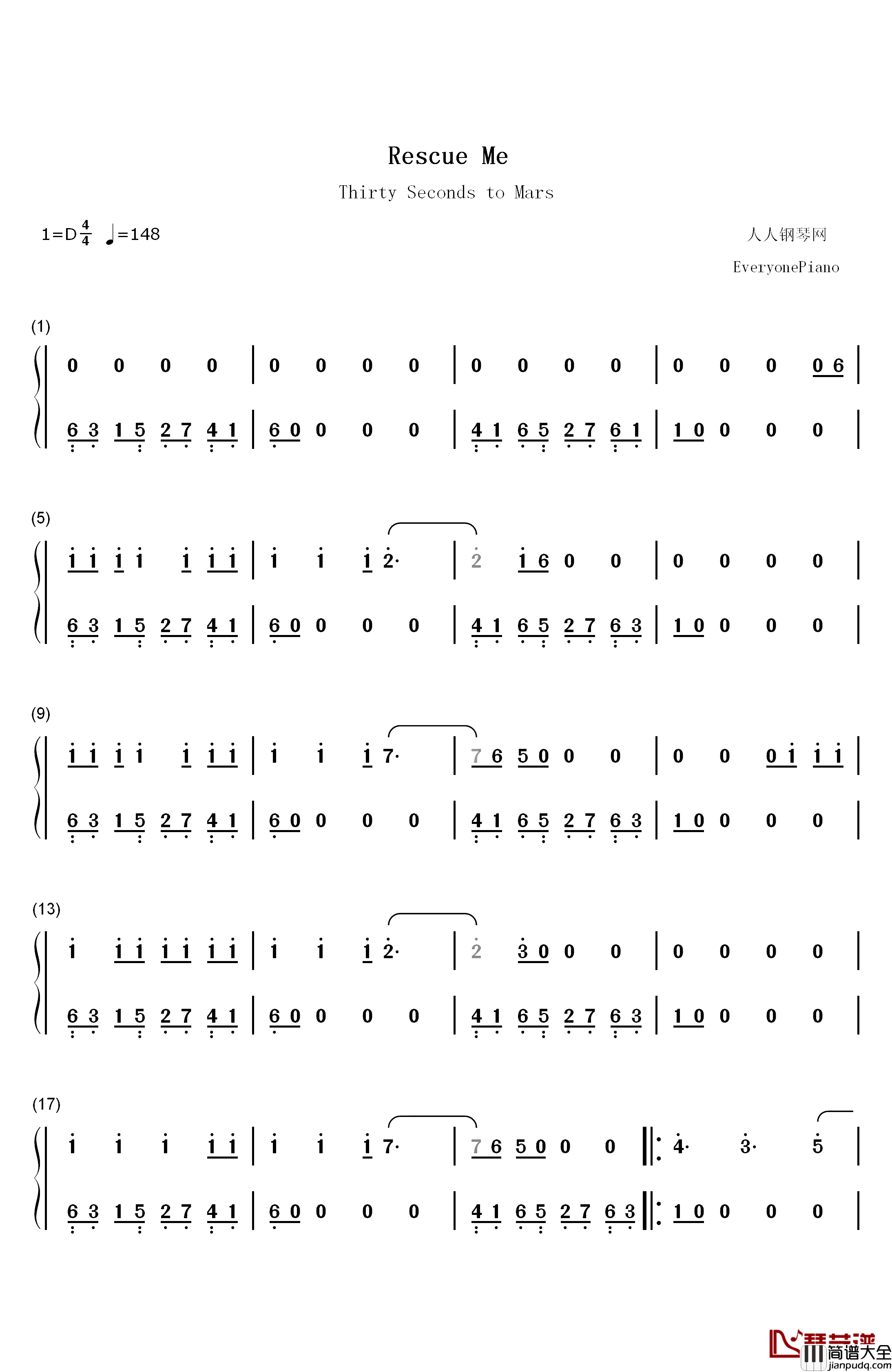 Rescue_Me钢琴简谱_数字双手_30_Seconds_To_Mars