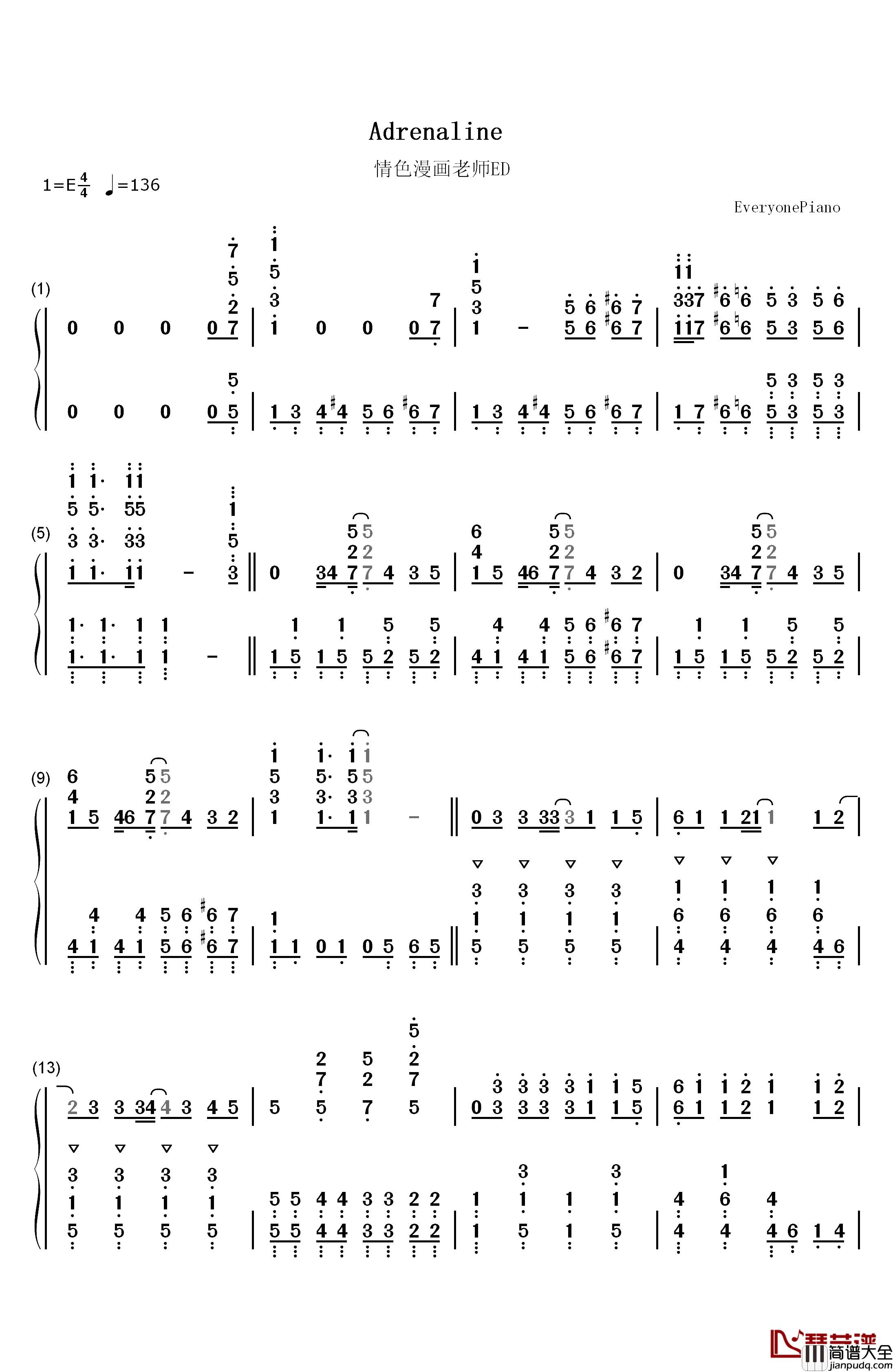 Adrenaline钢琴简谱_数字双手_TrySail