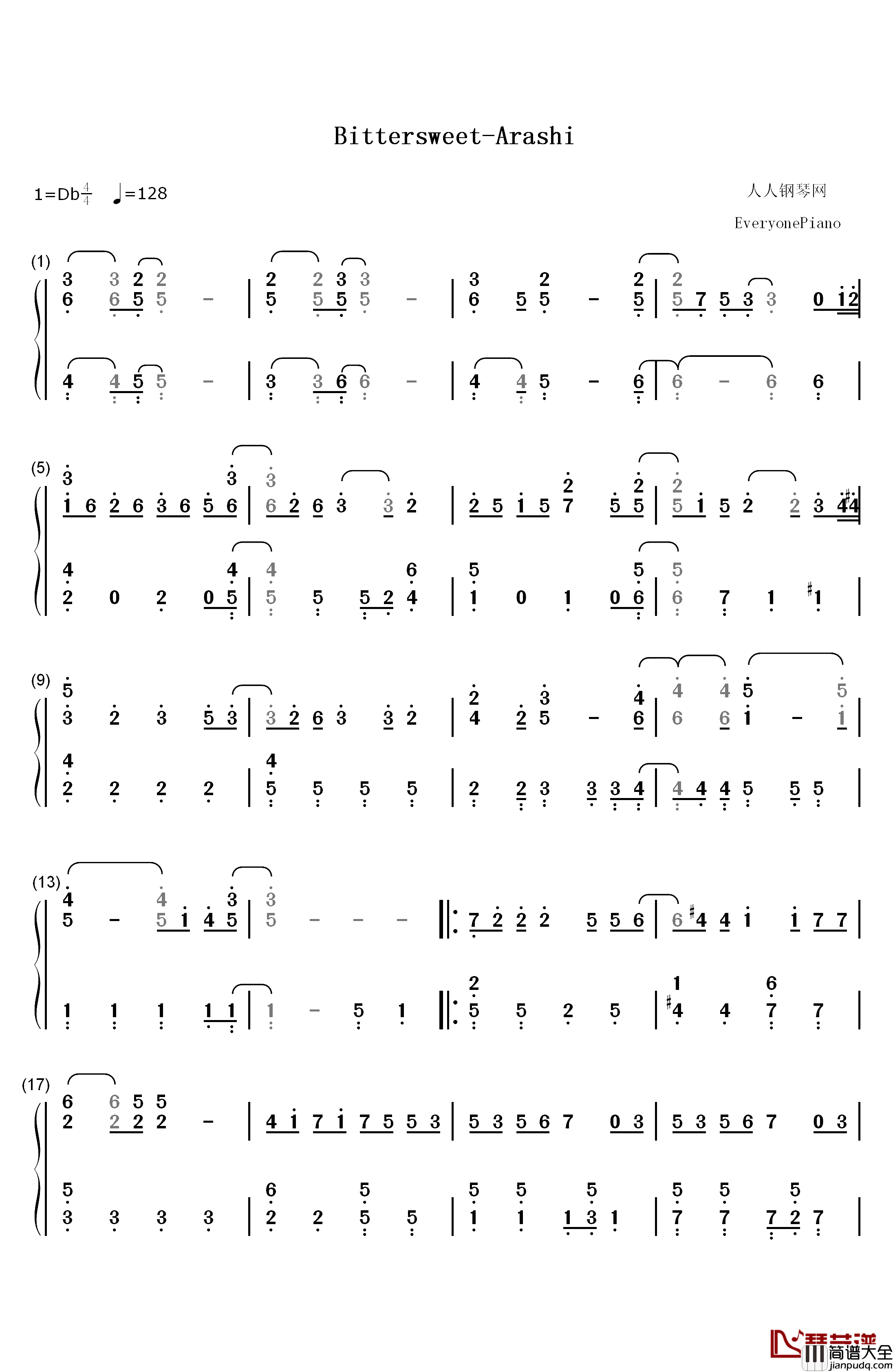 Bittersweet钢琴简谱_数字双手_嵐