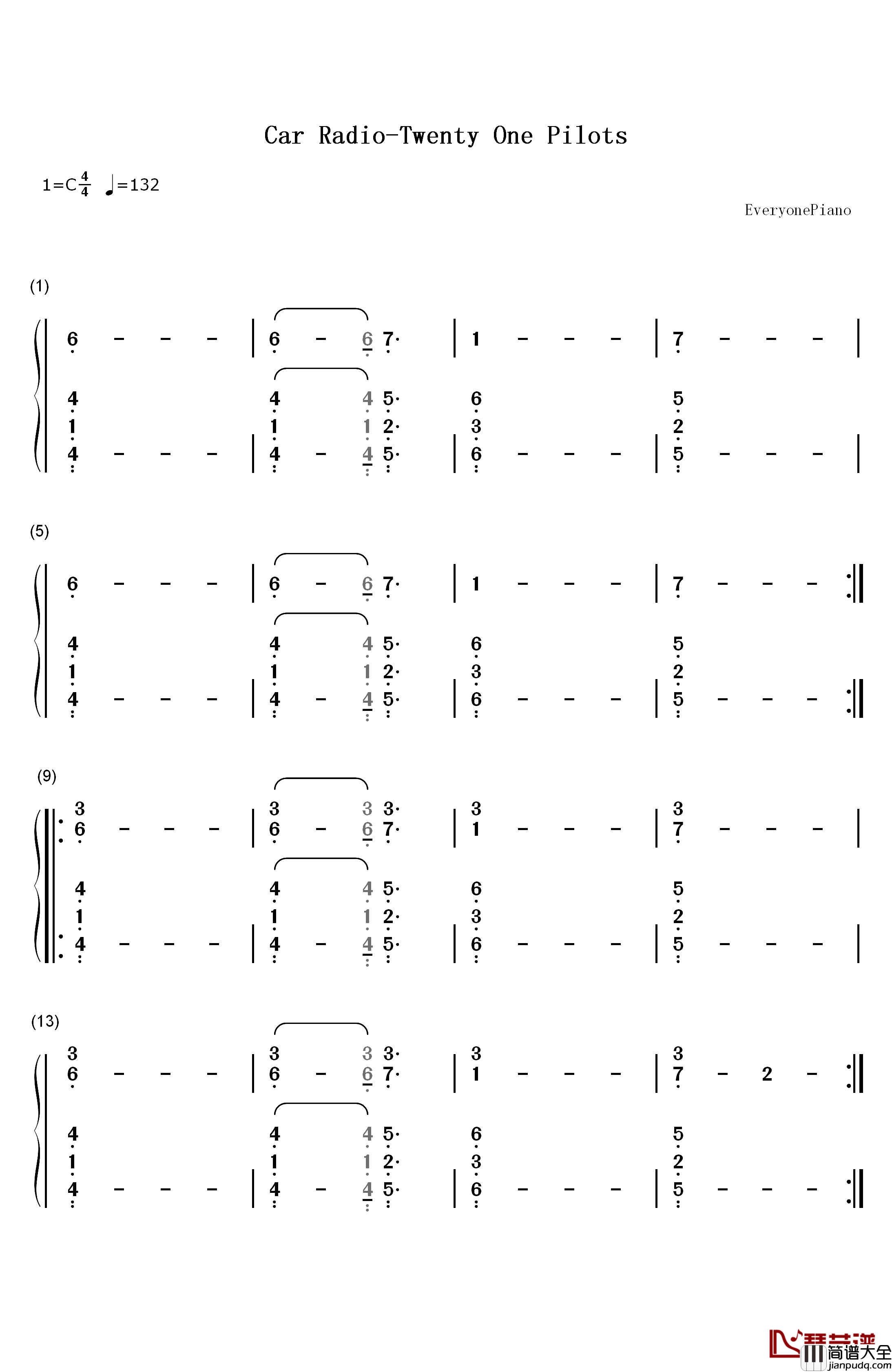 Car_Radio钢琴简谱_数字双手_Twenty_One_Pilots