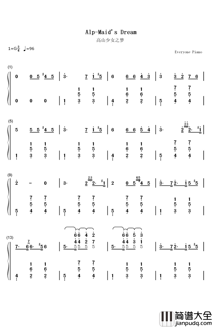 高山少女之梦钢琴简谱_数字双手_拉毕斯基