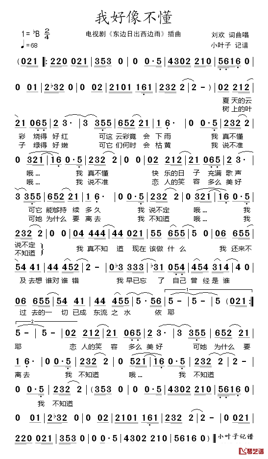 我好像不懂简谱_刘欢演唱_电视剧_东边日出西边雨_插曲