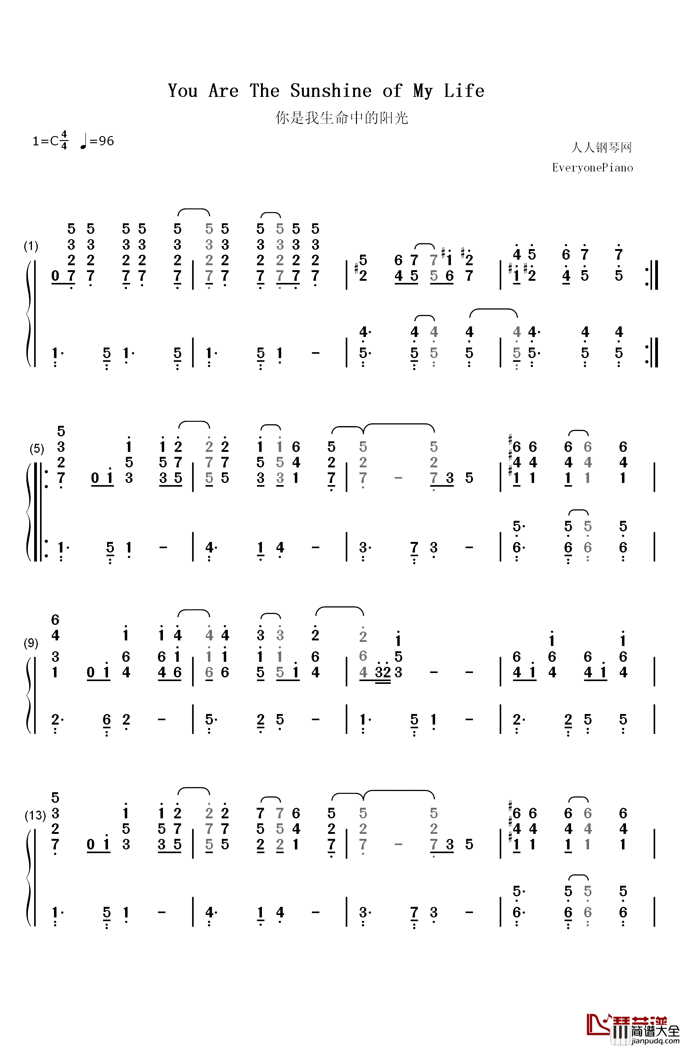 You_Are_The_Sunshine_Of_My_Life钢琴简谱_数字双手_Stevie_Wonder