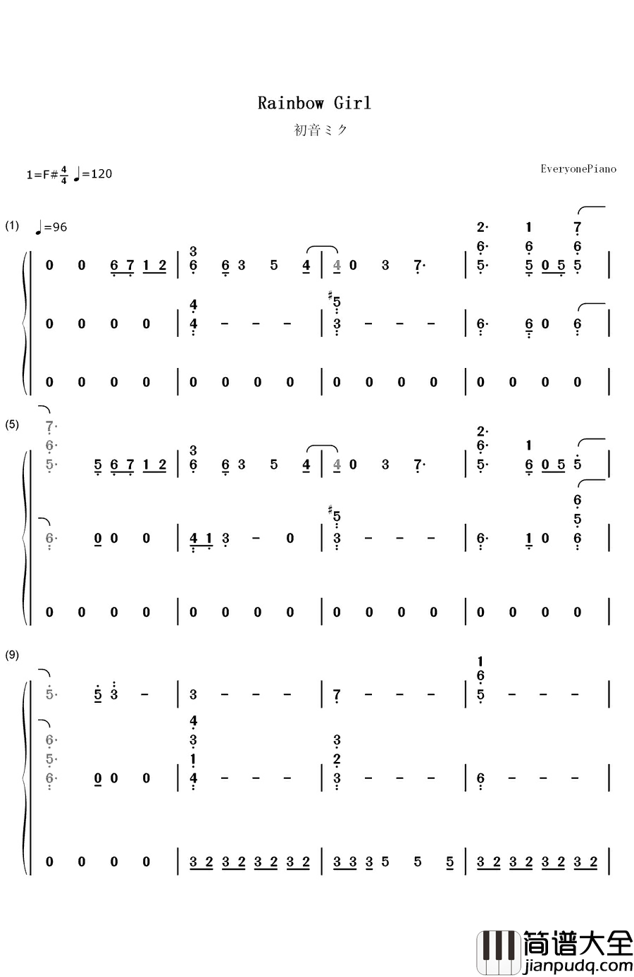 Rainbow_Girl钢琴简谱_数字双手_初音ミク