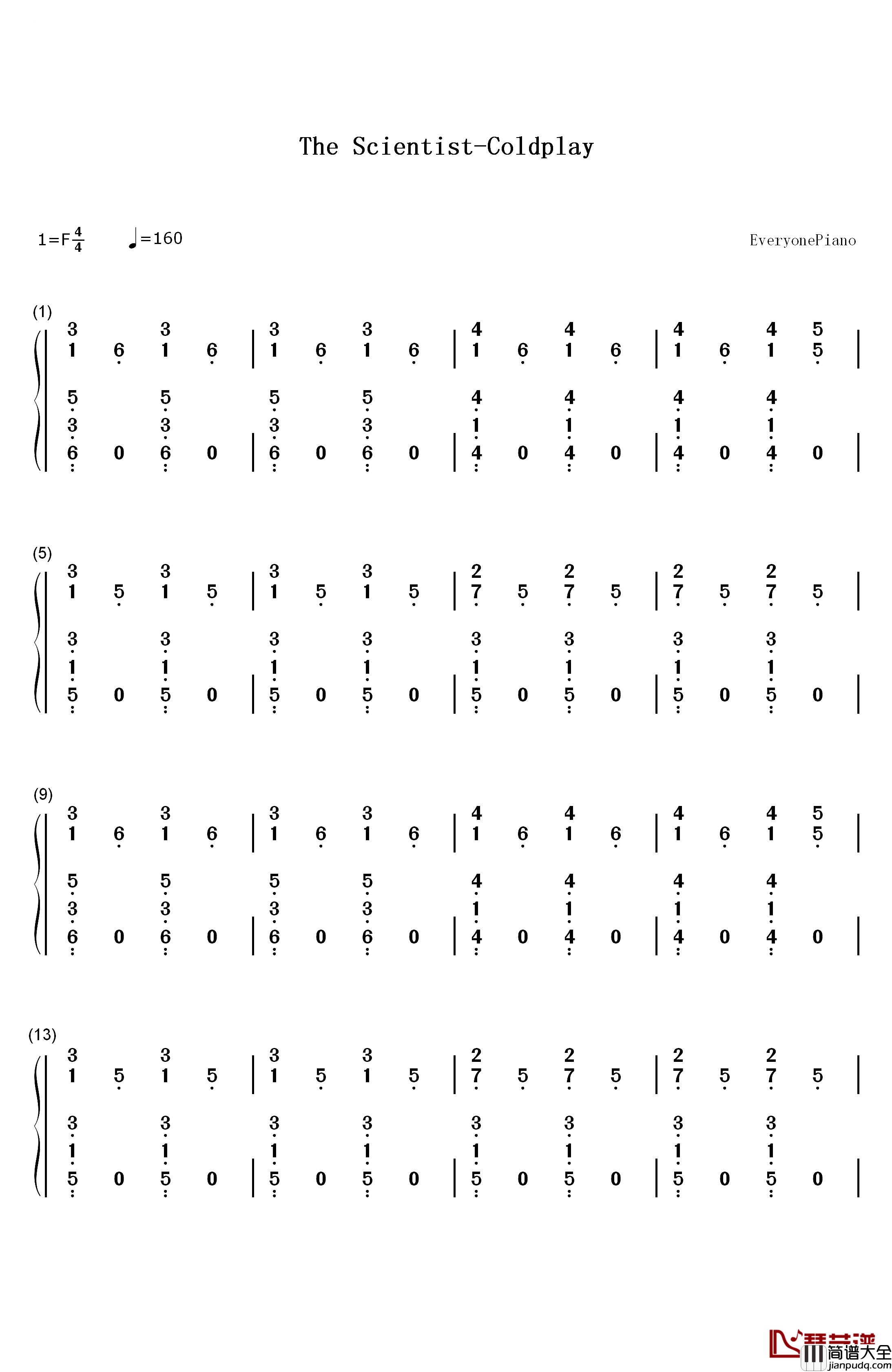 The_Scientist钢琴简谱_数字双手_Coldplay