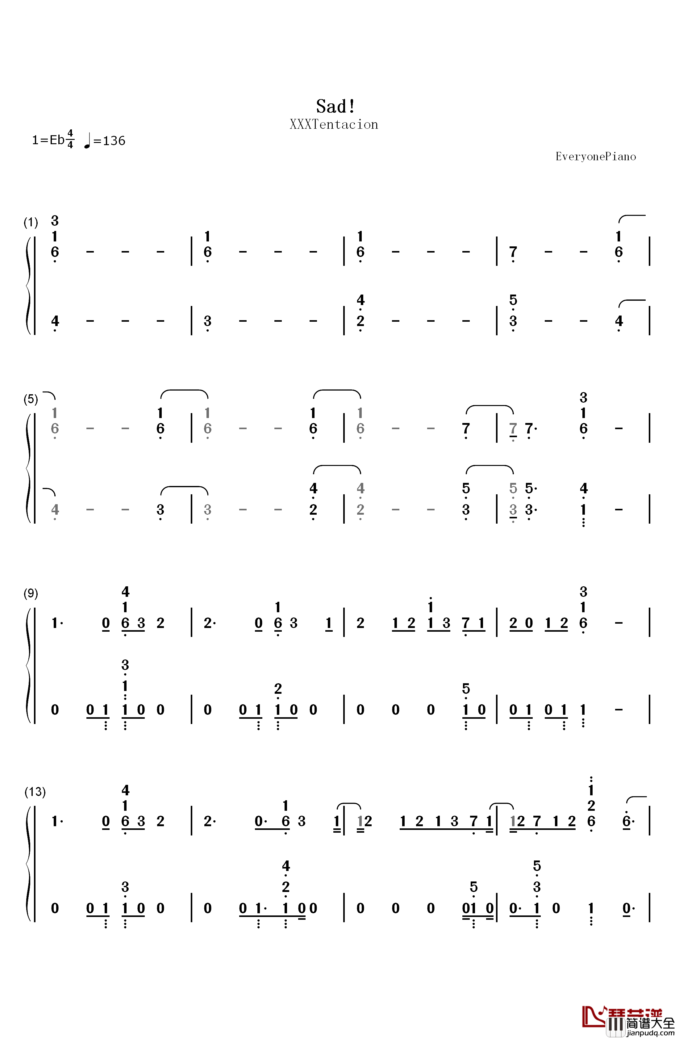 Sad钢琴简谱_数字双手_XXXTentacion