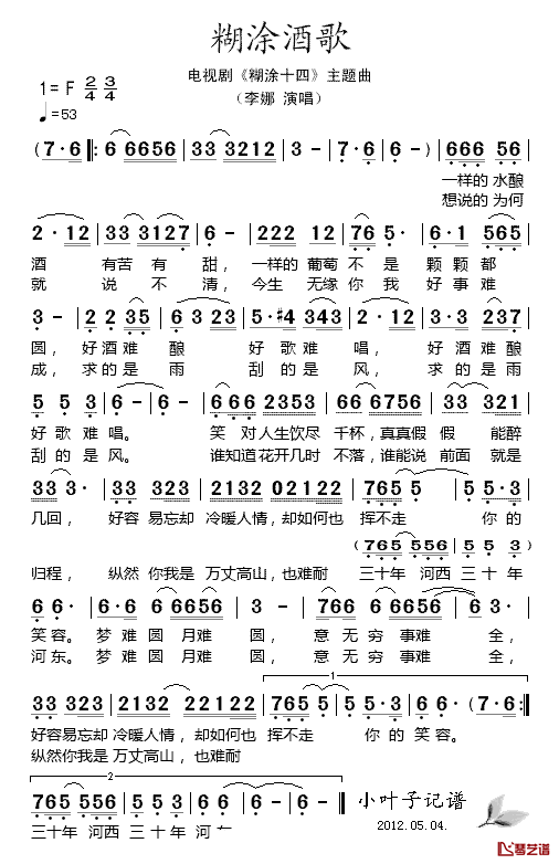 糊涂酒歌简谱_李娜、演唱_