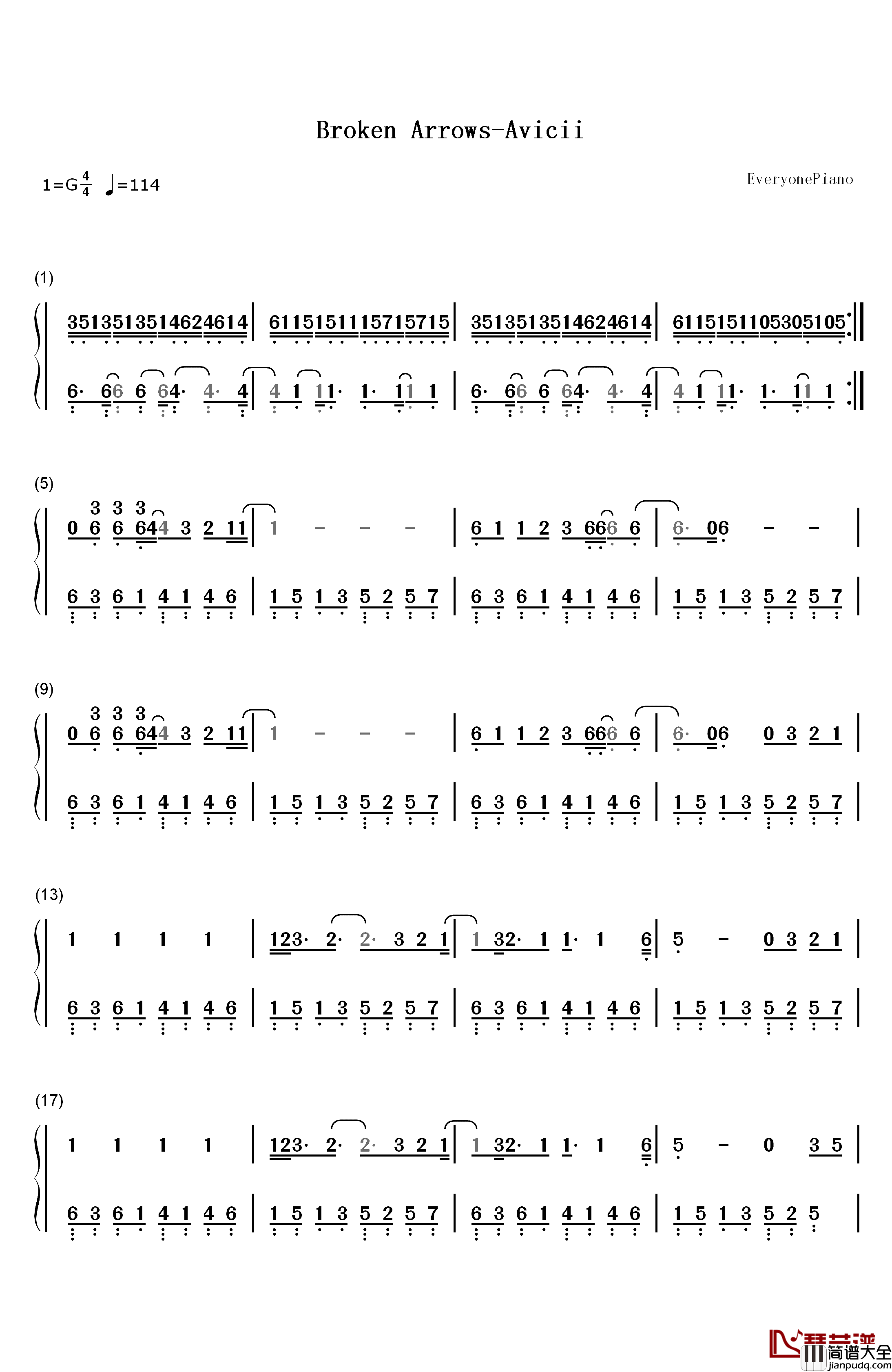 Broken_Arrows钢琴简谱_数字双手_Avicii