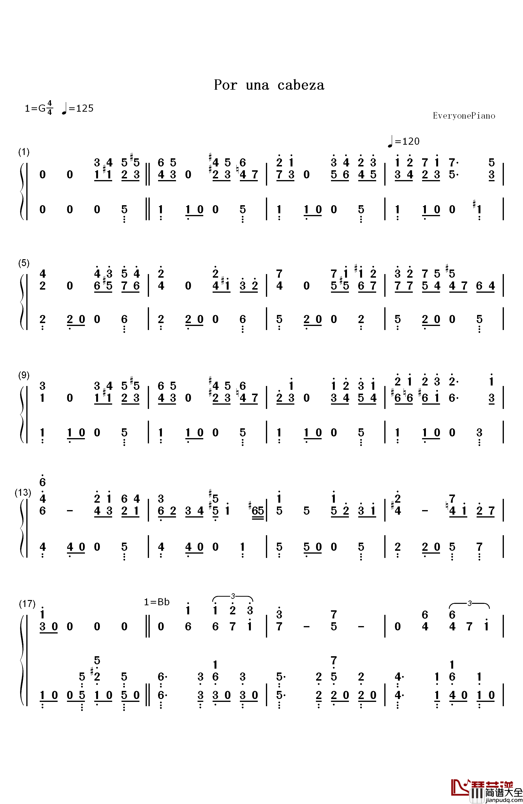 Por_Una_Cabeza钢琴简谱_数字双手_Thomas_Newman__汤玛斯_纽曼