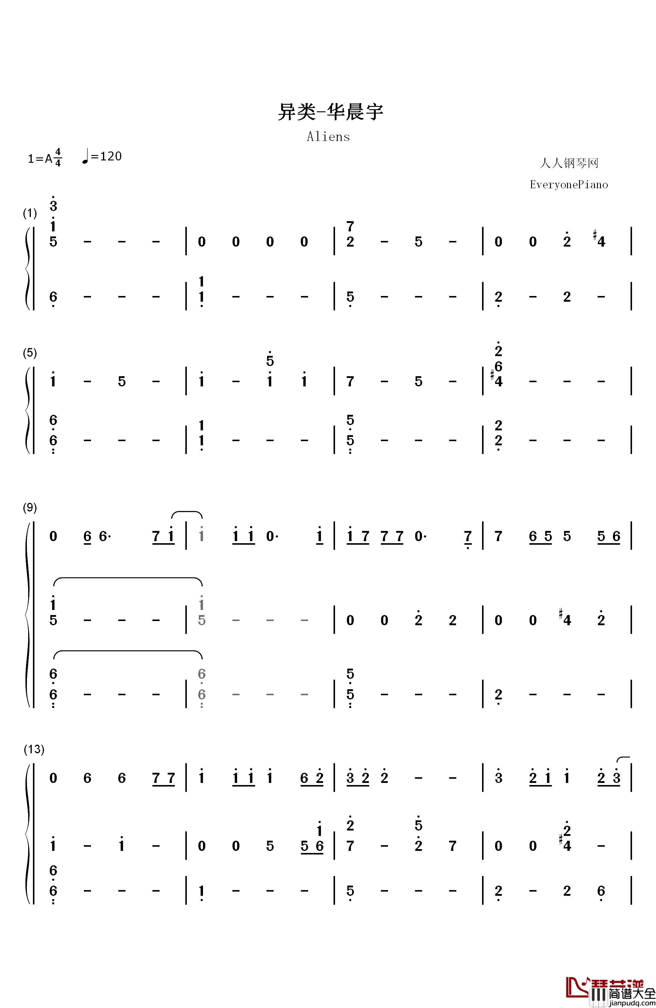 异类钢琴简谱_数字双手_华晨宇