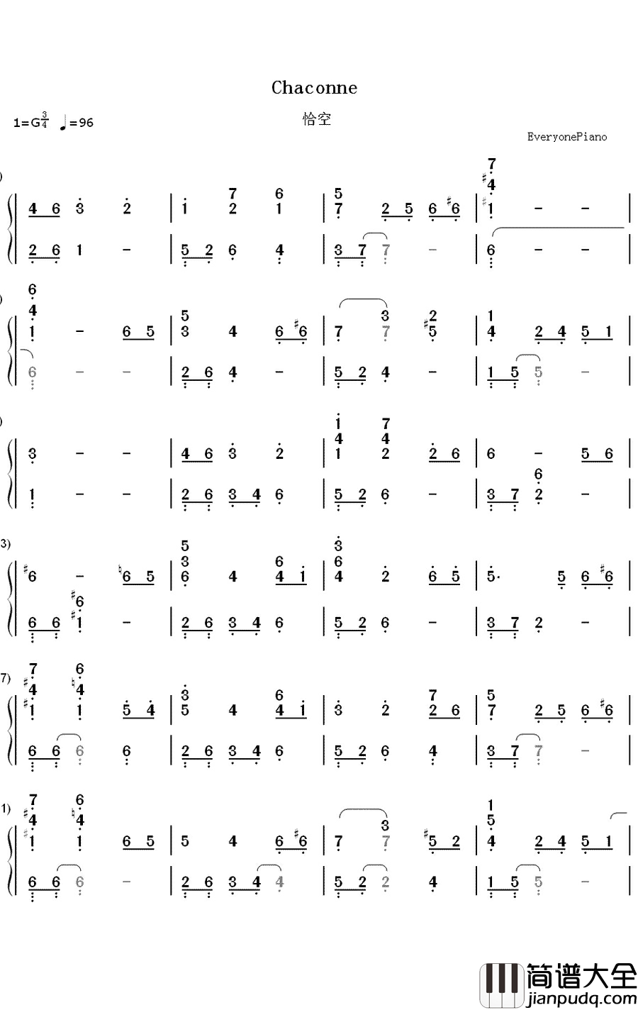 恰空钢琴简谱_数字双手_李闰珉