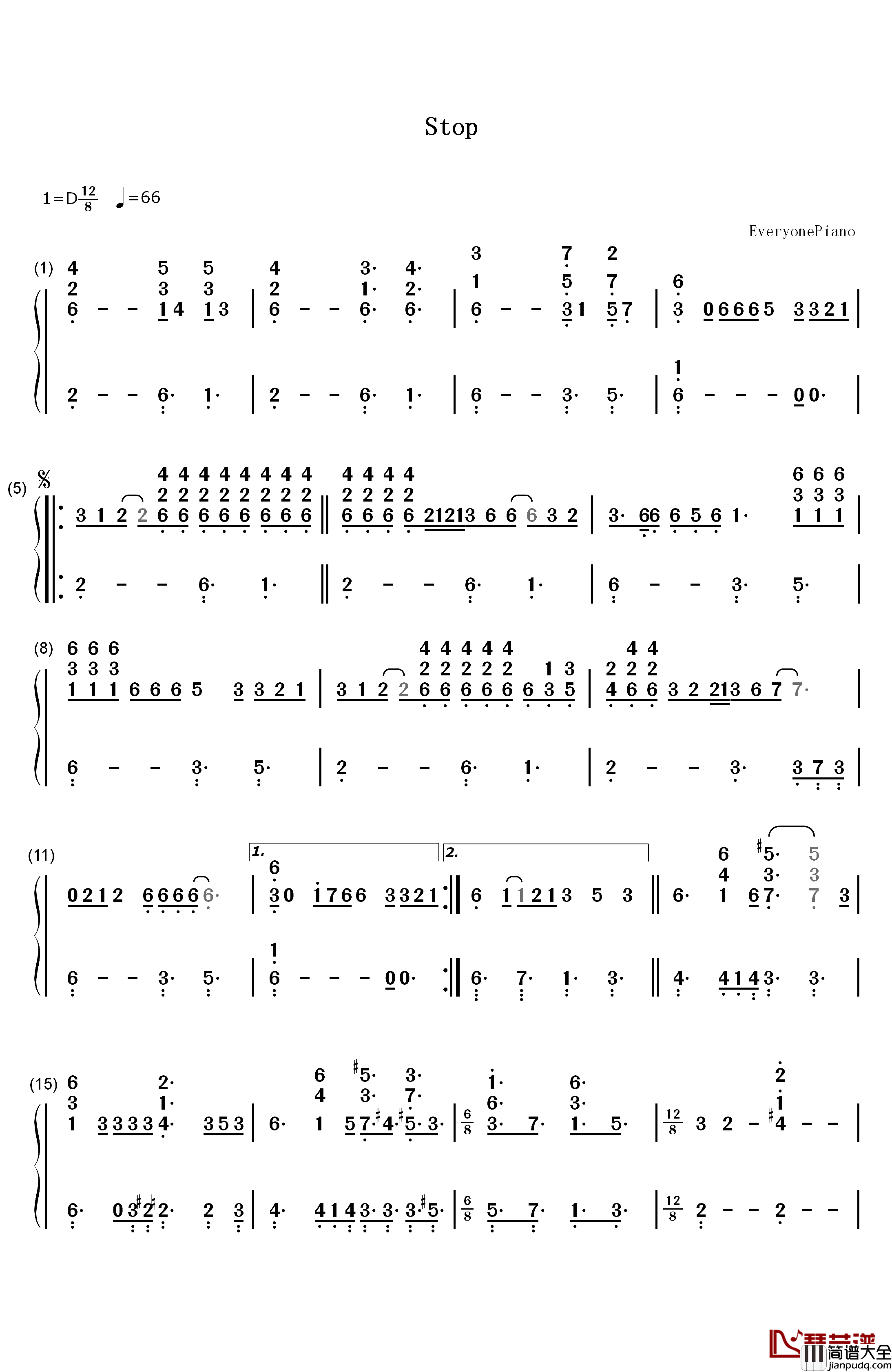 Stop钢琴简谱_数字双手_Sam_Brown