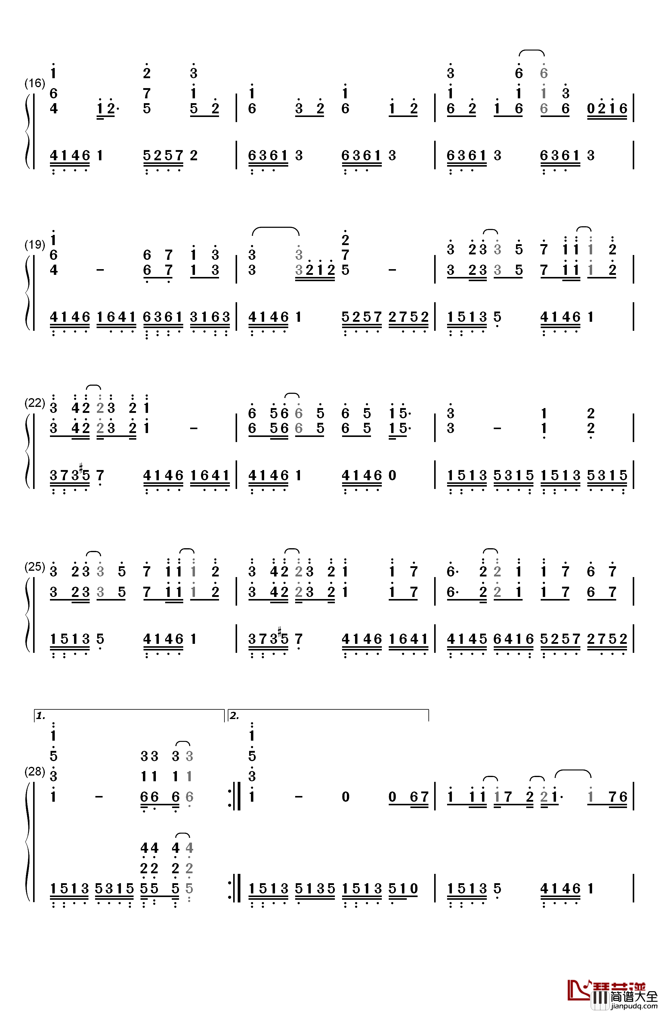 流星雨钢琴简谱_数字双手_F4