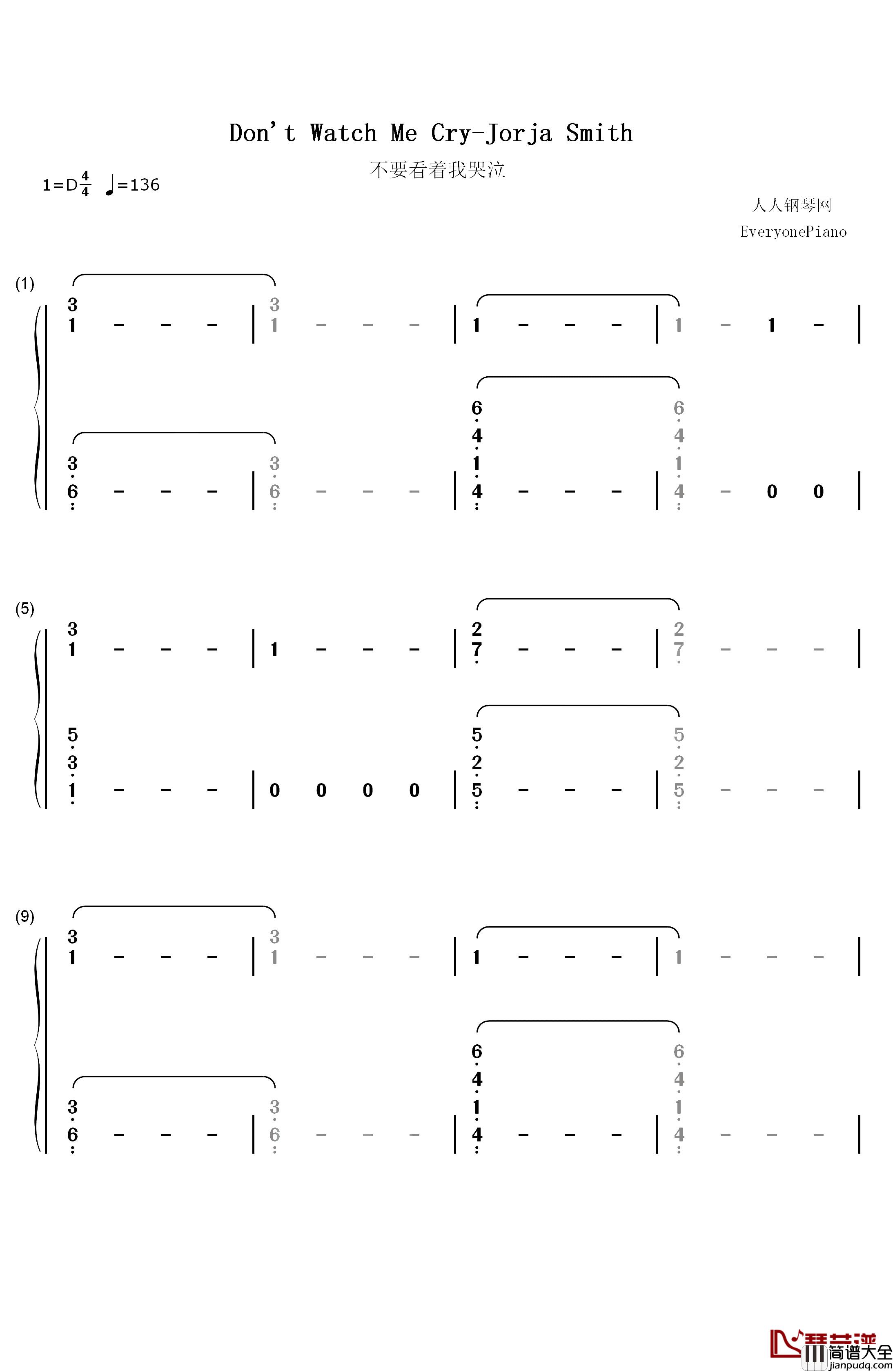 Don't_Watch_Me_Cry钢琴简谱_数字双手_Jorja_Smith