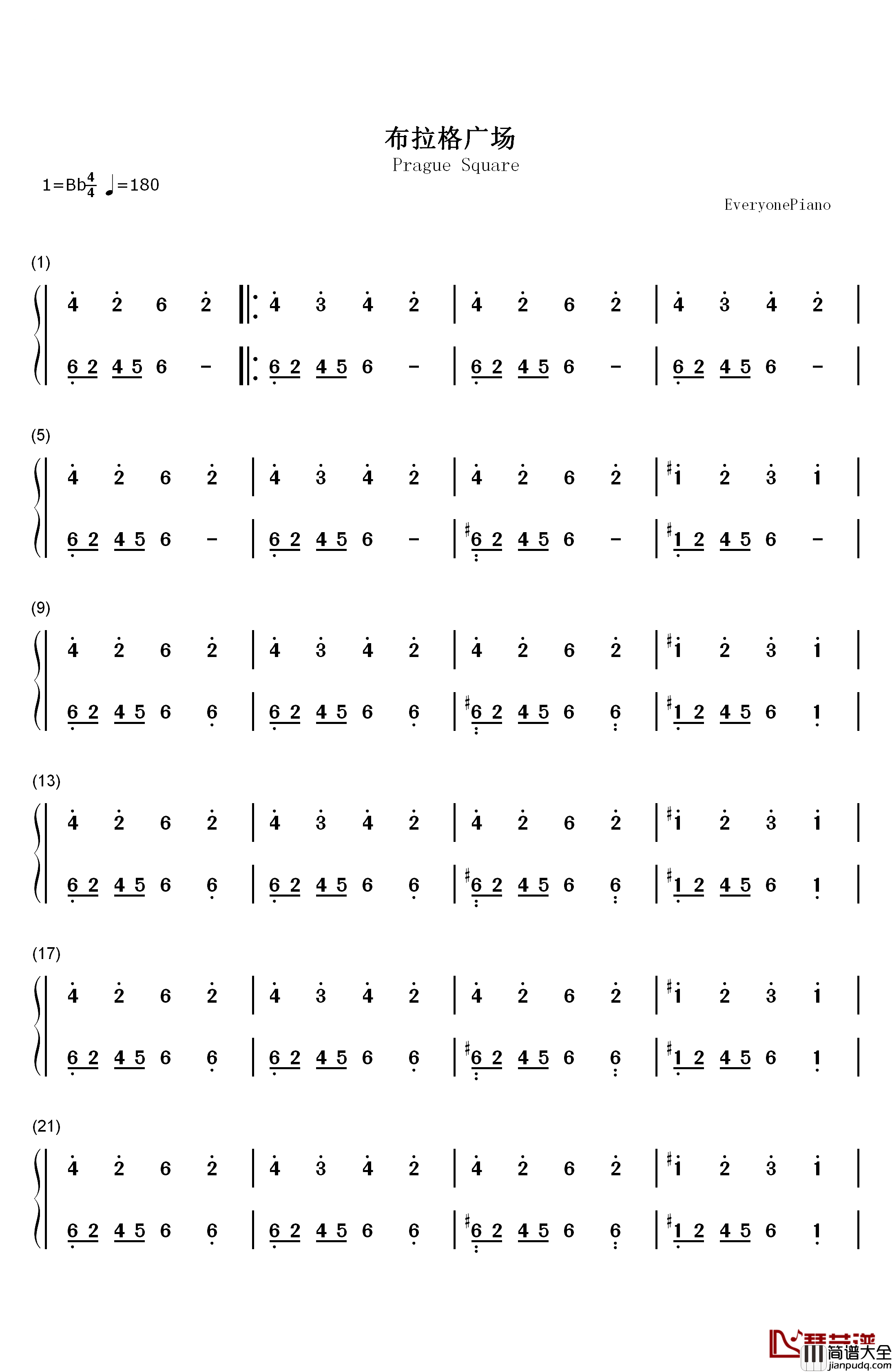 布拉格广场钢琴简谱_数字双手_蔡依林__周杰伦